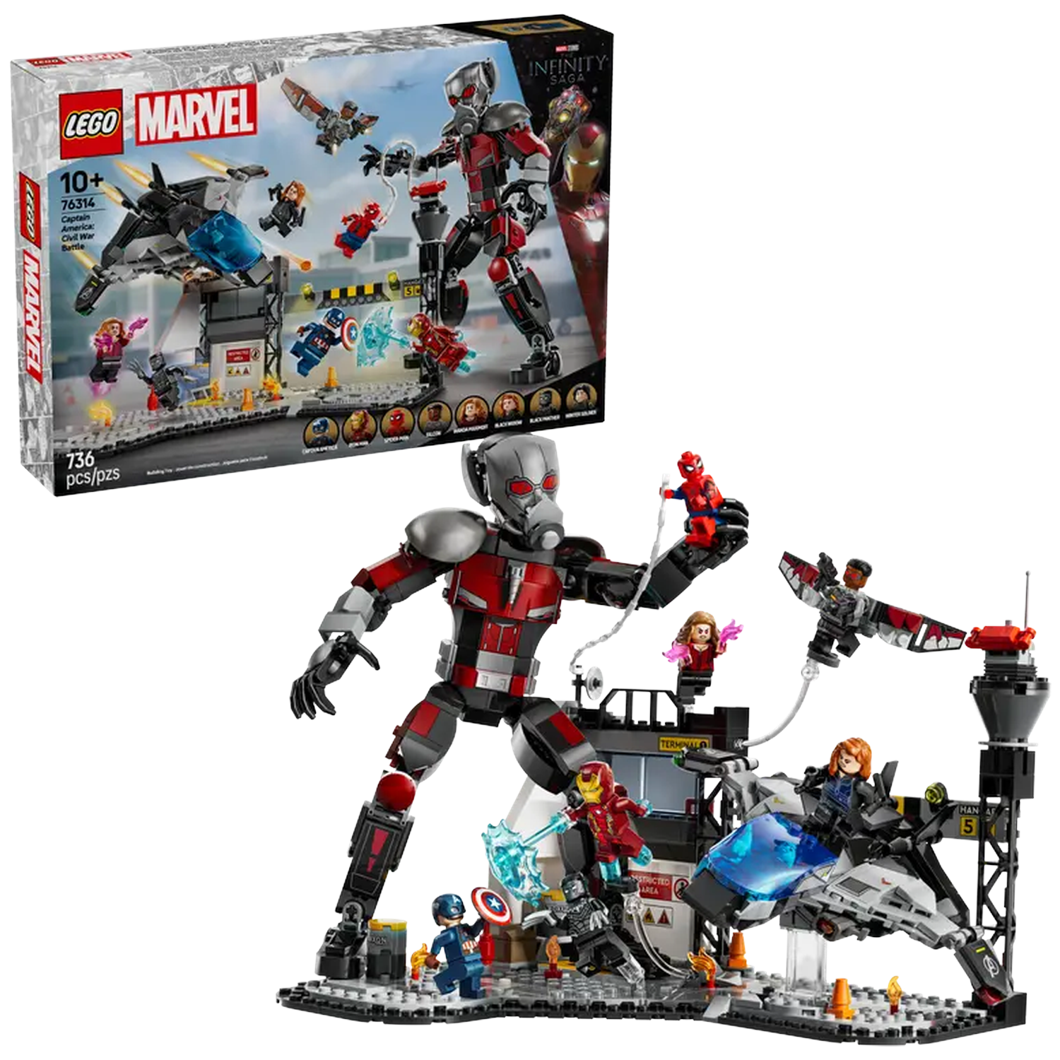 LEGO Marvel set features Ant-Man, Iron Man, Captain America, Spider-Man, and others. Includes a jet, a tower, and a battle scene.