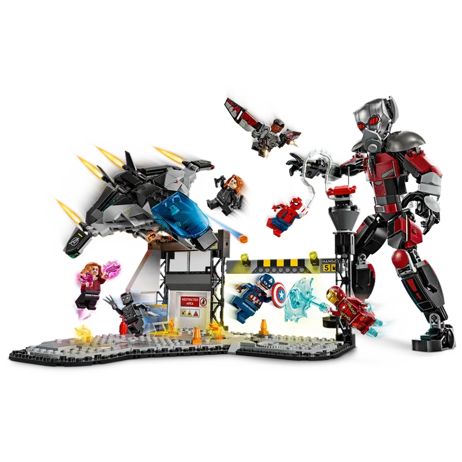 Lego set depicting Avengers characters in action. Includes Ant-Man, Iron Man, Captain America, and others. A jet and building are present.