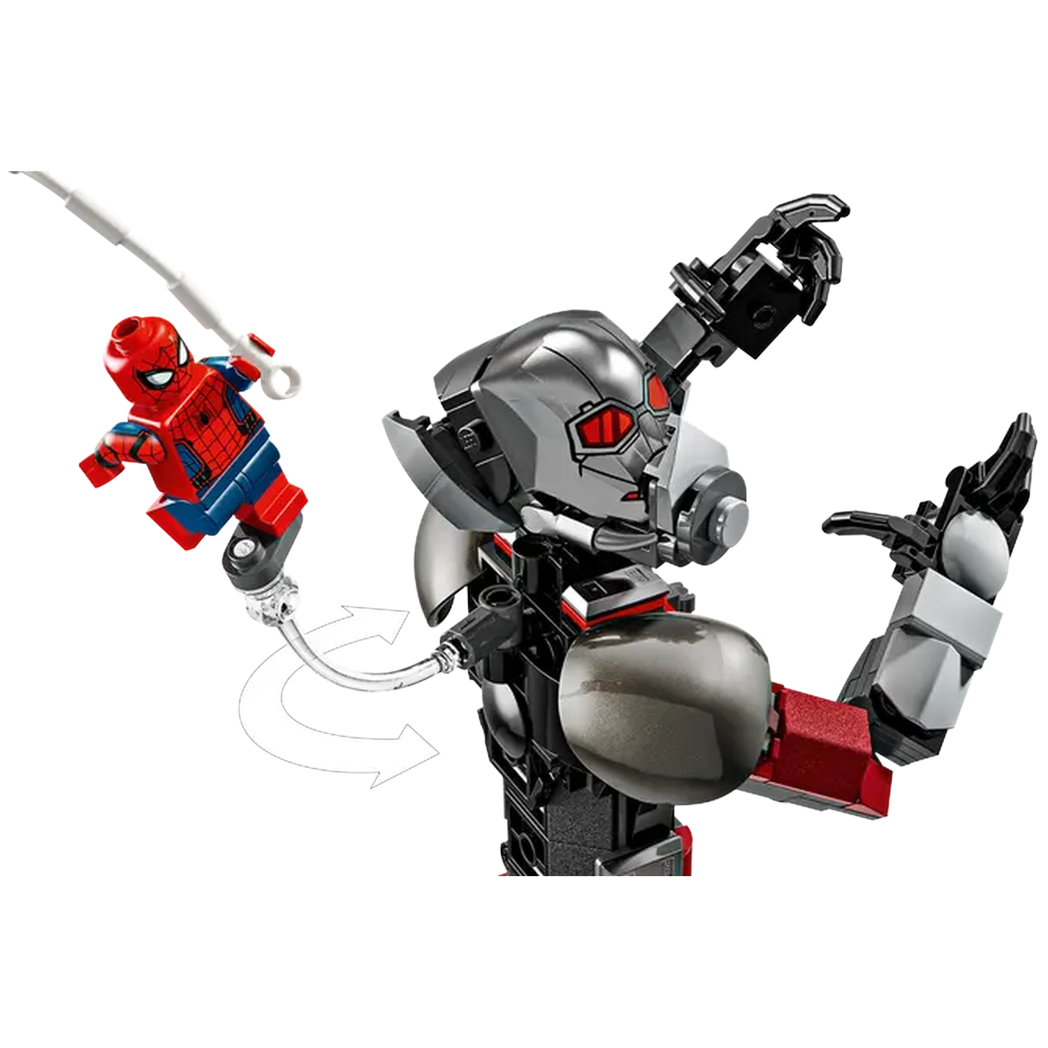 Spider-Man Lego figure attached to a mech, using a web. The mech is gray and black with red accents and red eyes.