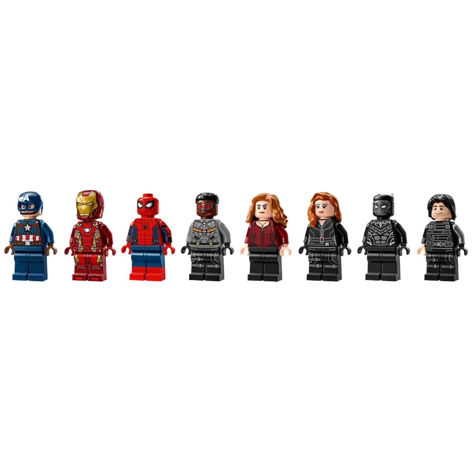 Seven Lego figures of Marvel characters: Captain America, Iron Man, Spider-Man, Falcon, Scarlet Witch, Black Widow, and Black Panther.