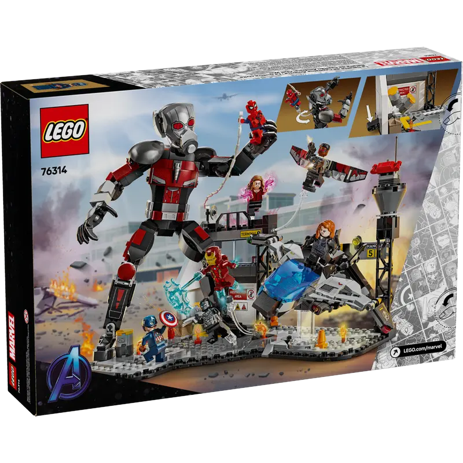 Lego box featuring giant Ant-Man, Iron Man, Captain America, Black Widow, and other Marvel characters in action.