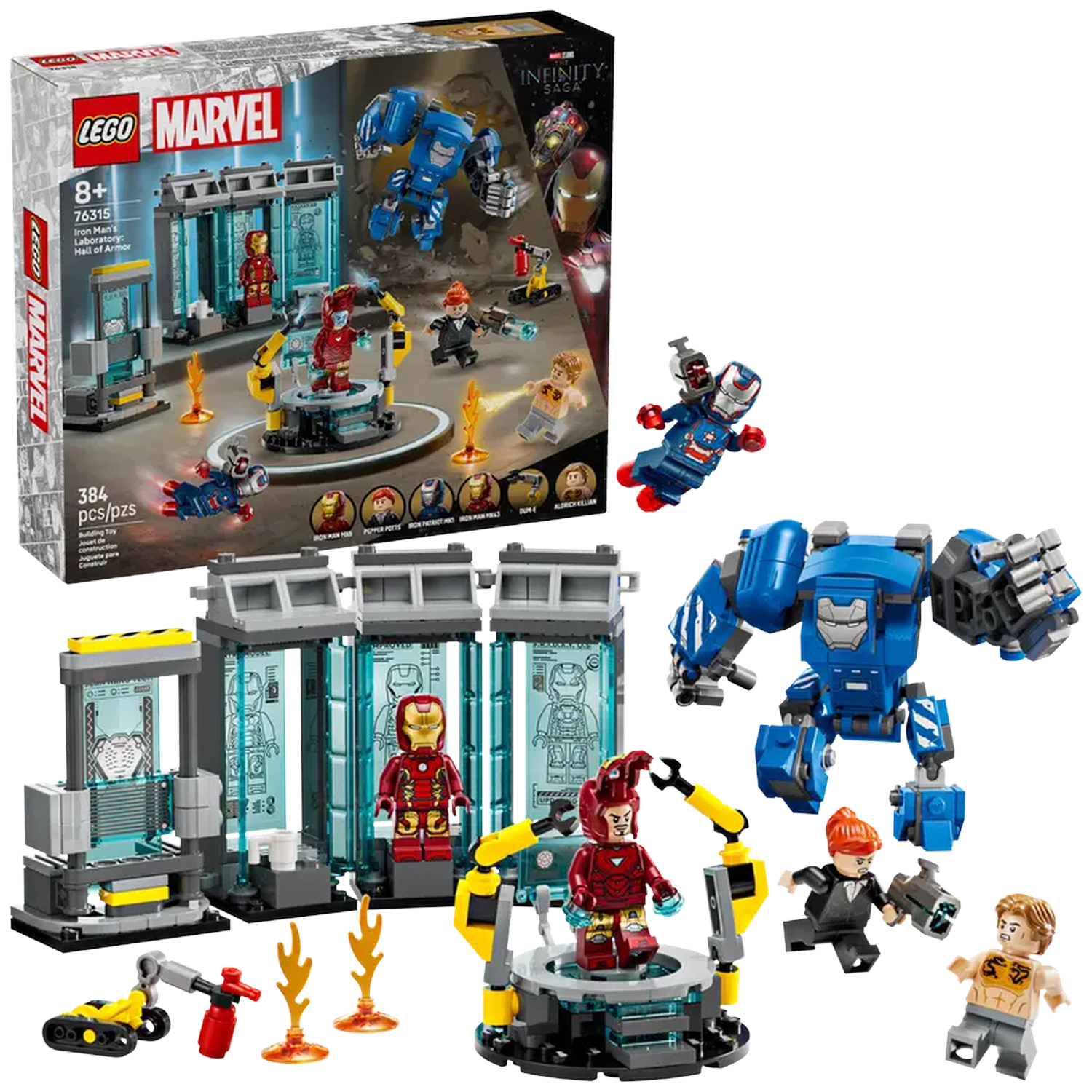 Lego set of Iron Man's lab. It features Iron Man figures, blue armor, and lab equipment. The box shows the set's contents.