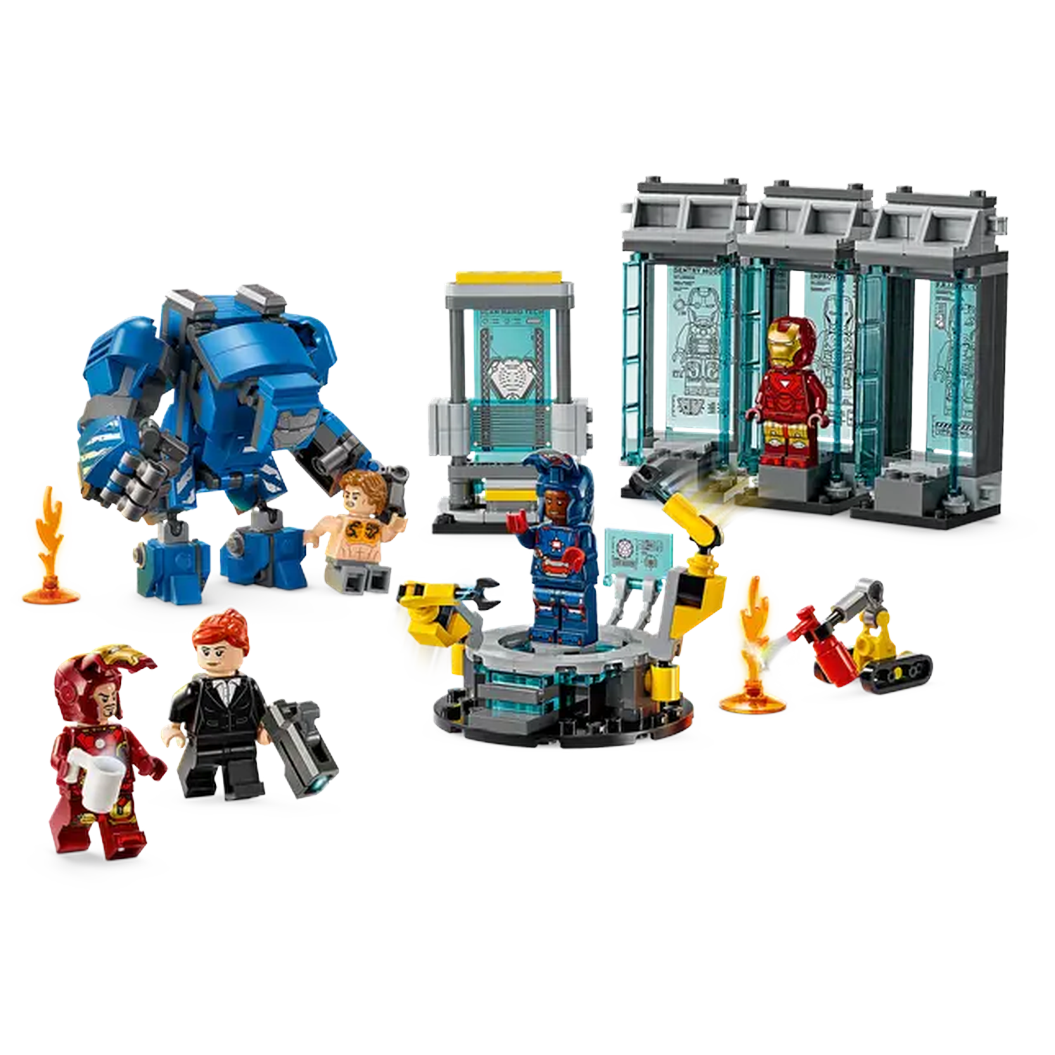 Lego set depicting Iron Man's lab. Includes Iron Man figures, a blue mech, and lab equipment on a white background.