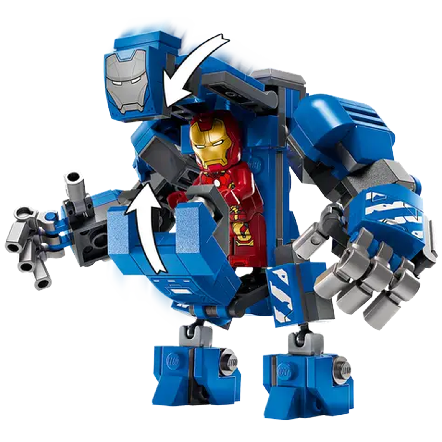 A Lego Iron Man figure inside a blue mech suit. The suit has silver accents. Arrows show parts opening.