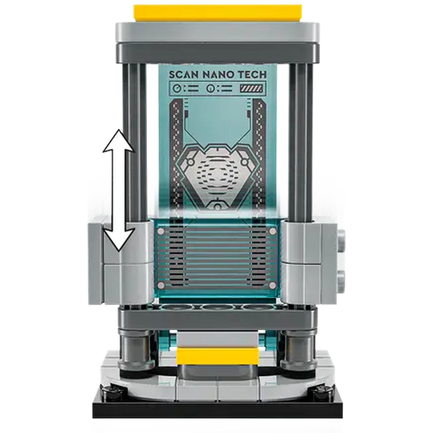 A futuristic machine with a transparent display showing 'SCAN NANO TECH'. It has gray and yellow components, with an up-down arrow.