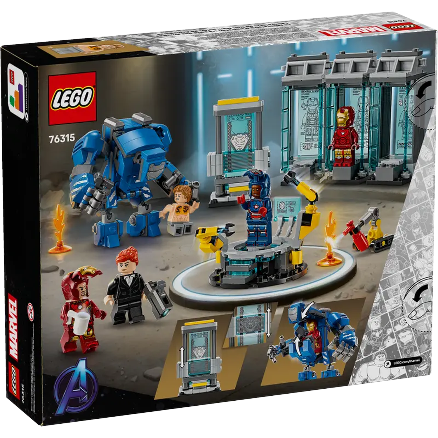 Lego box featuring Iron Man and other Marvel characters. Includes blue mech, figures, and tech stations with clear panels.