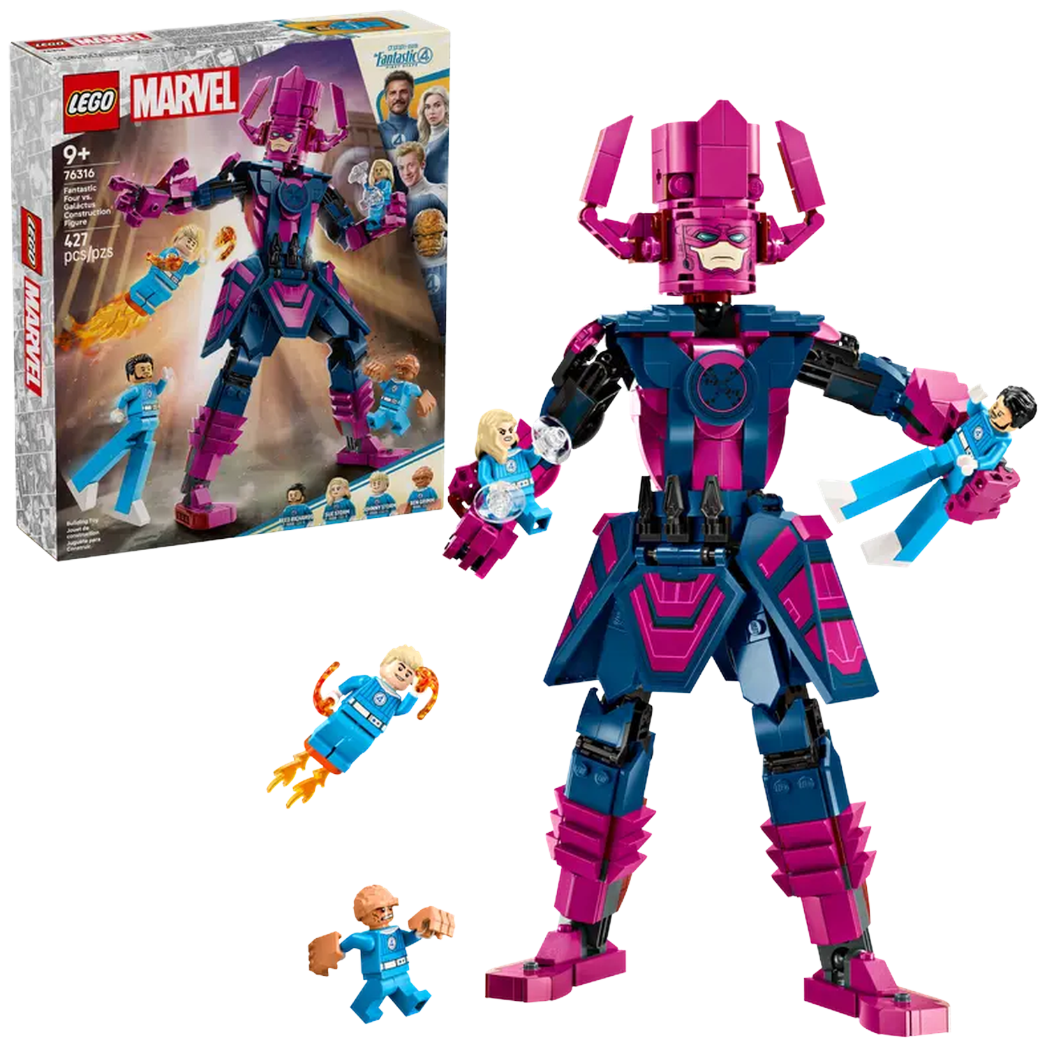 A Lego Marvel set featuring Galactus and Fantastic Four figures. Galactus is purple and blue, holding minifigures. The box is visible.