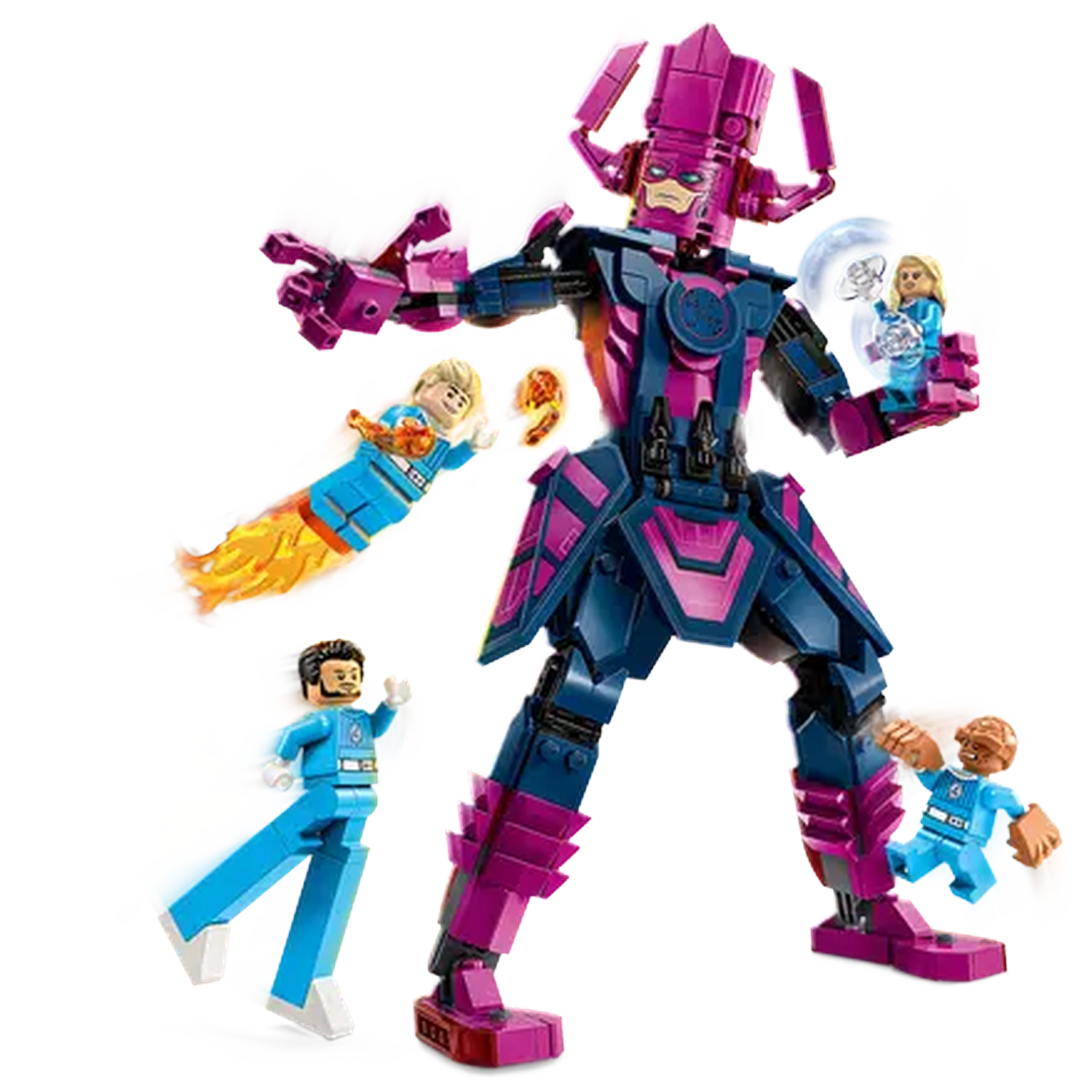 Lego set features Galactus, and four Fantastic Four figures in action poses. Galactus is purple and blue. Figures are blue.