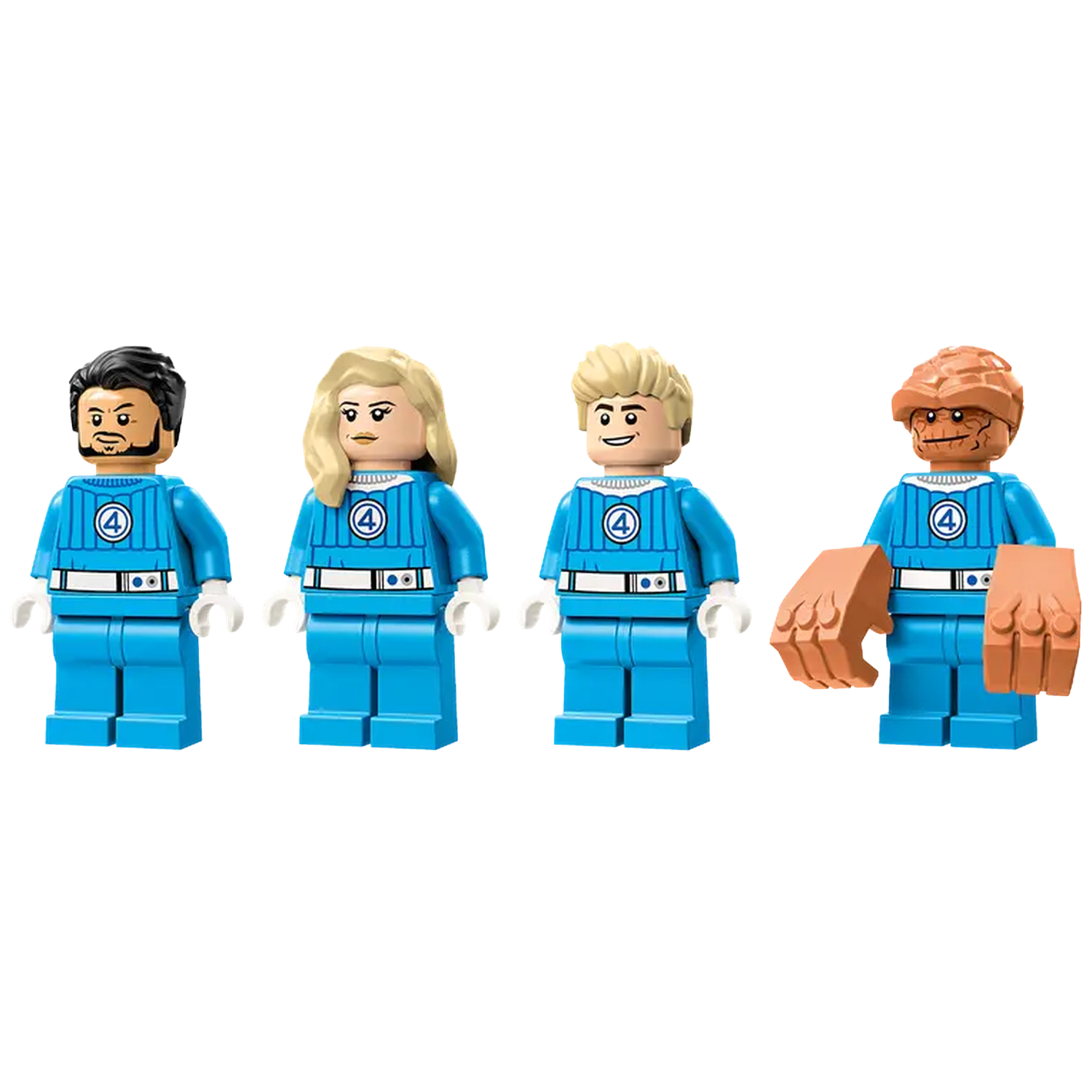 Four Lego figures from the Fantastic Four. They wear blue uniforms with a '4' logo. One is orange, and the others are human.
