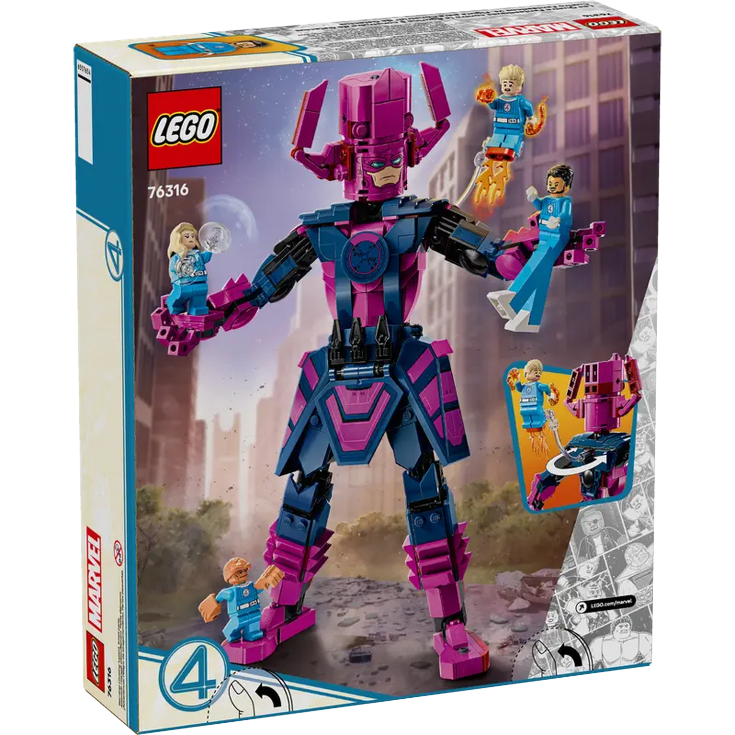 Lego box of Galactus, a large purple and blue figure, holding smaller figures, against a city backdrop.