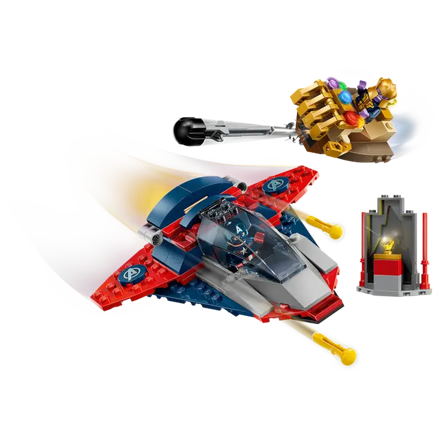 Lego set: a blue, red, and gray jet, a golden gauntlet, and a small building with a trophy. The jet has Captain America in it.