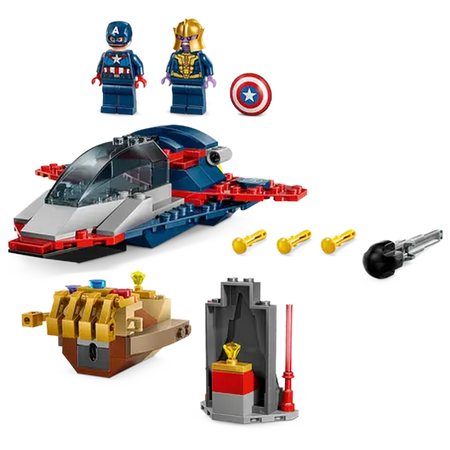 Lego set with Captain America and Thanos figures, a shield, a spaceship, and other accessories on a white background.