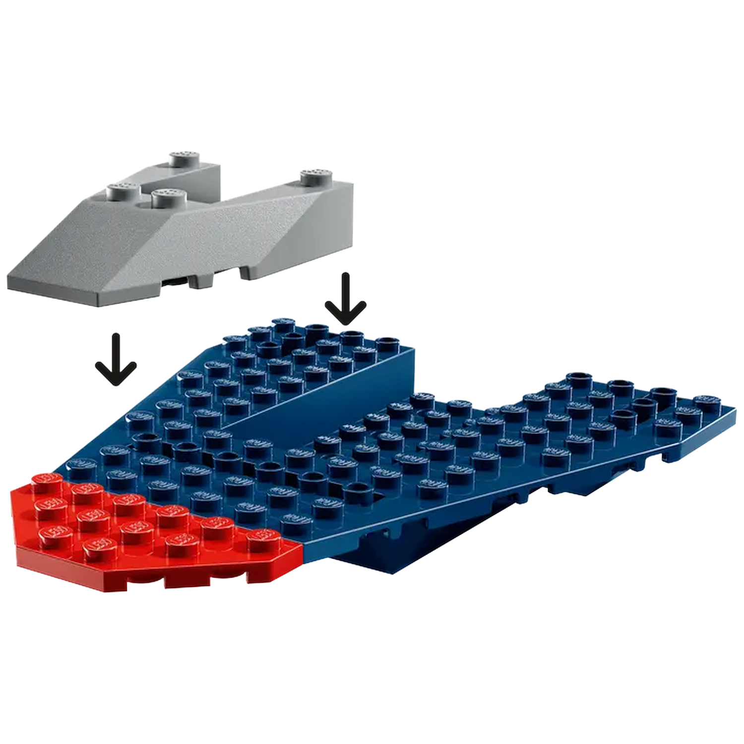 A gray Lego piece above and a blue and red Lego base below, with arrows indicating assembly.