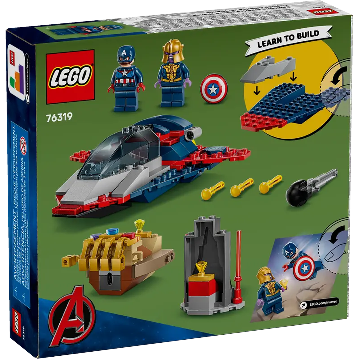 Lego box shows Captain America and Thanos figures, a spaceship, and various Lego bricks. The background is green, and the Lego logo is visible.