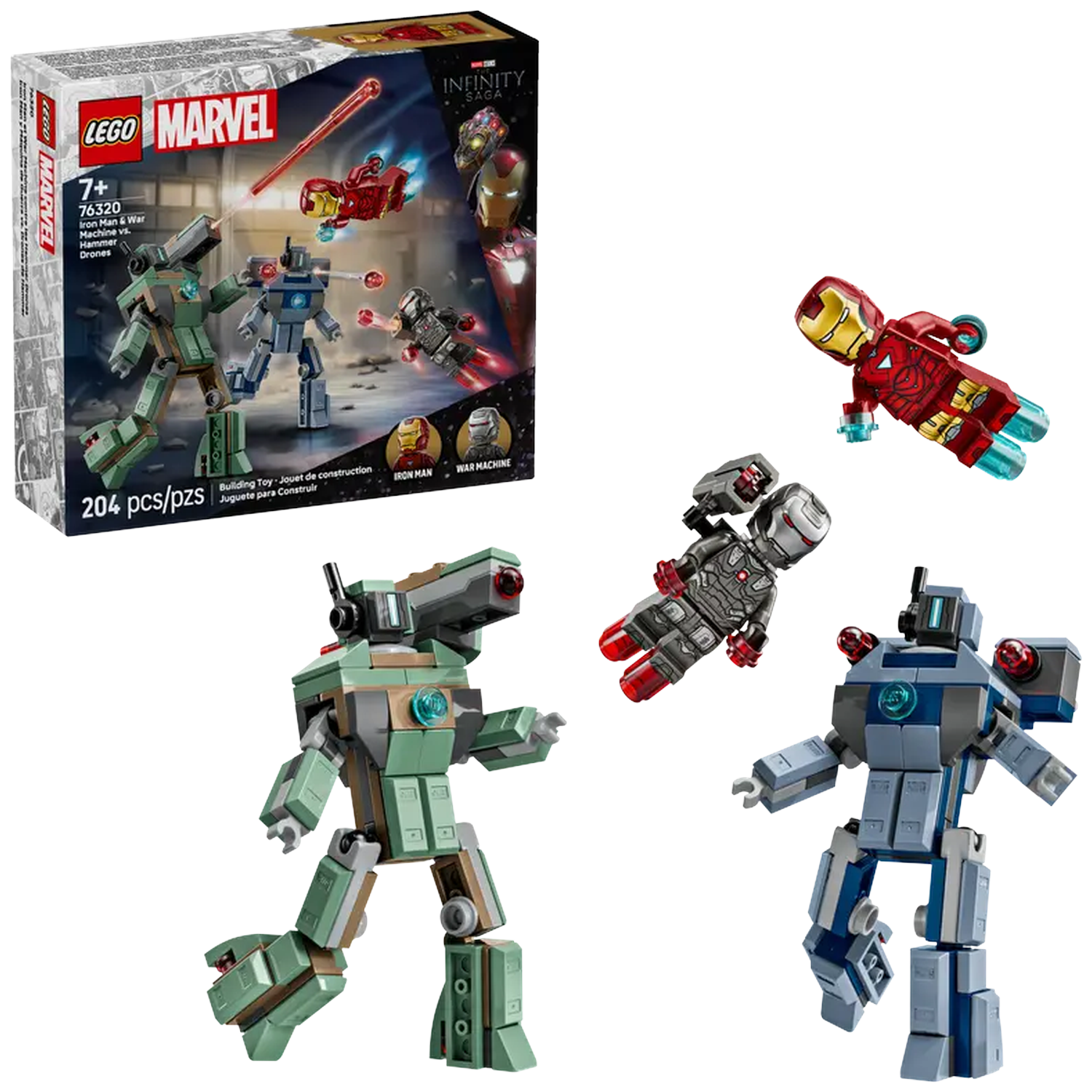 Lego set: Iron Man en War Machine vs. Hammer Drones. Doos toont Iron Man, War Machine en twee mech figuren. Ook drie Lego figuren.