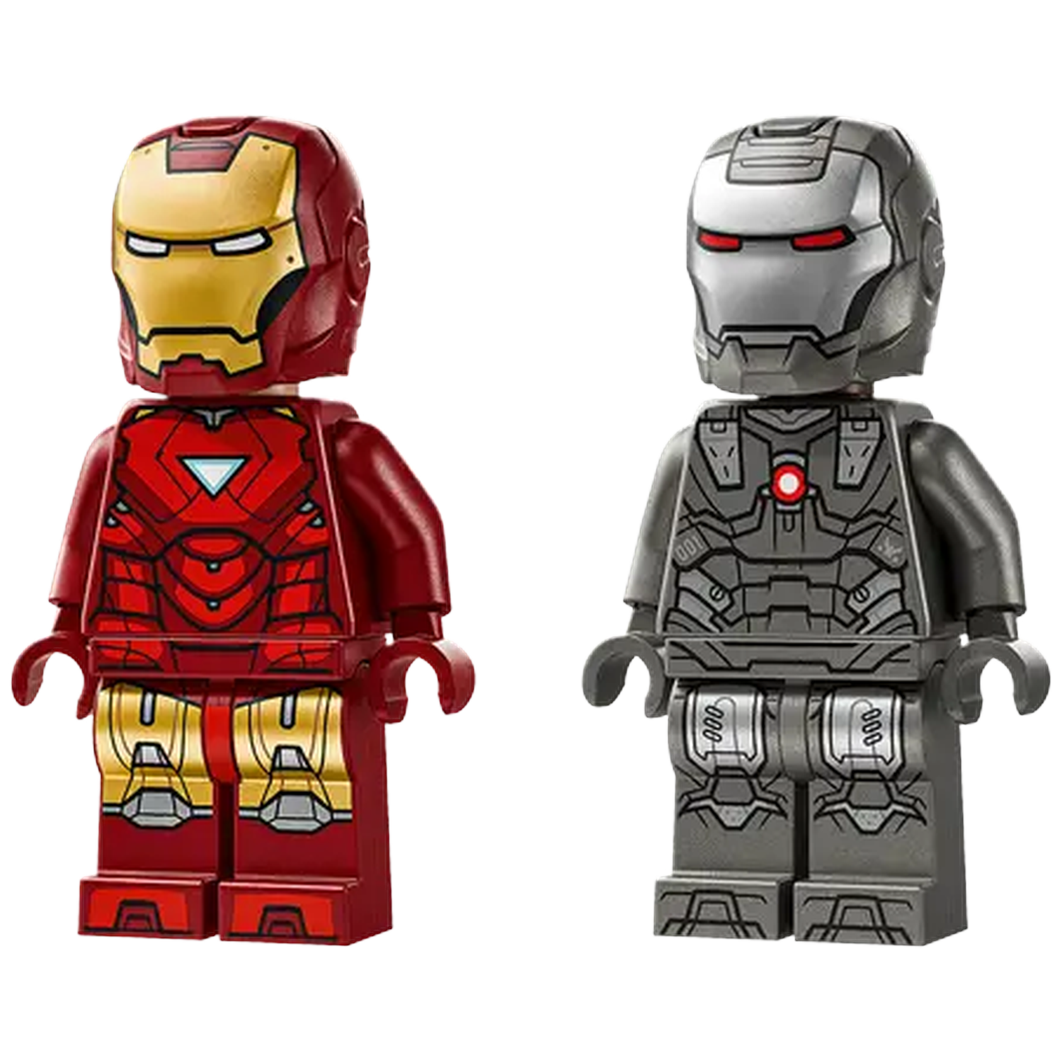 Twee Lego-figuren: Iron Man in rood en goud, War Machine in grijs. Beide staan rechtop met gedetailleerde pantserontwerpen.