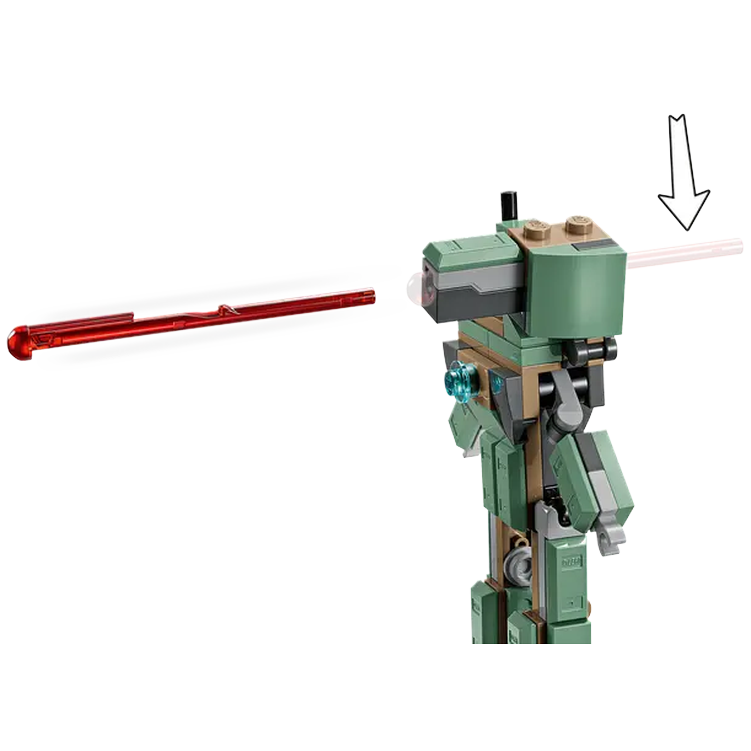 Een Lego-robot met een rode laserstraal. Een zwarte pijl geeft de richting van de laser aan. De robot is groen, bruin en grijs.