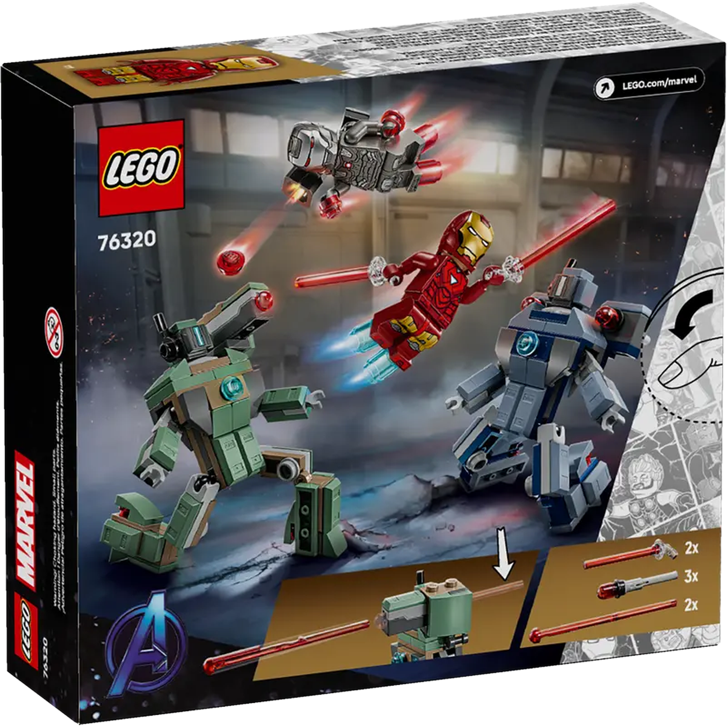 De Lego-doos toont Iron Man en robots. Het Avengers-logo staat op de doos. De achtergrond heeft een donkergrijze kleur.