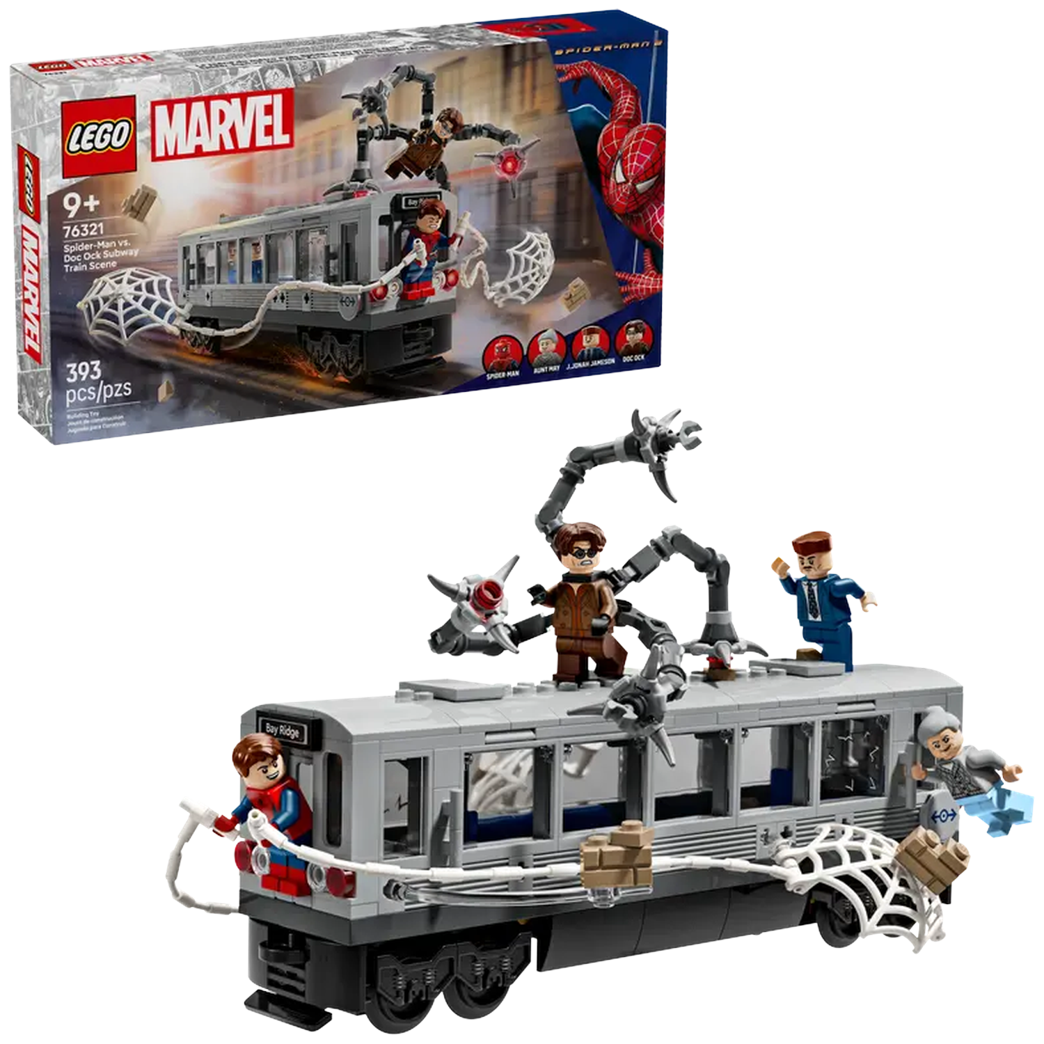 Lego Marvel set. Spider-Man and Doc Ock figures battle on a subway train. Box shows Spider-Man and train scene.
