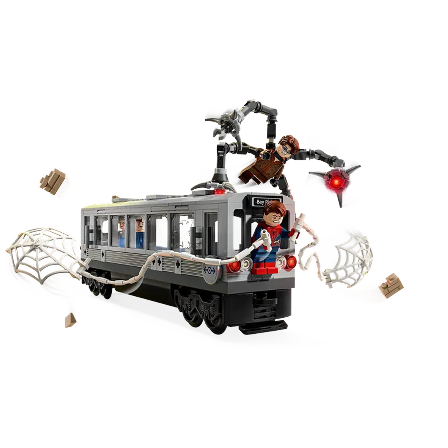 Lego set: Spider-Man figures on train, battling mechanical arms. Web and wooden blocks flying. Other figures are inside the train.
