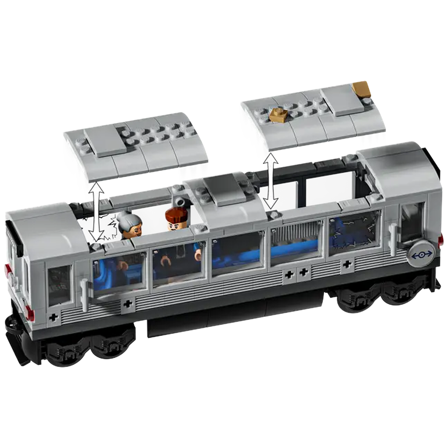 A Lego train with two removable roof sections. Inside, two Lego figures are visible. The train is gray and has black wheels.