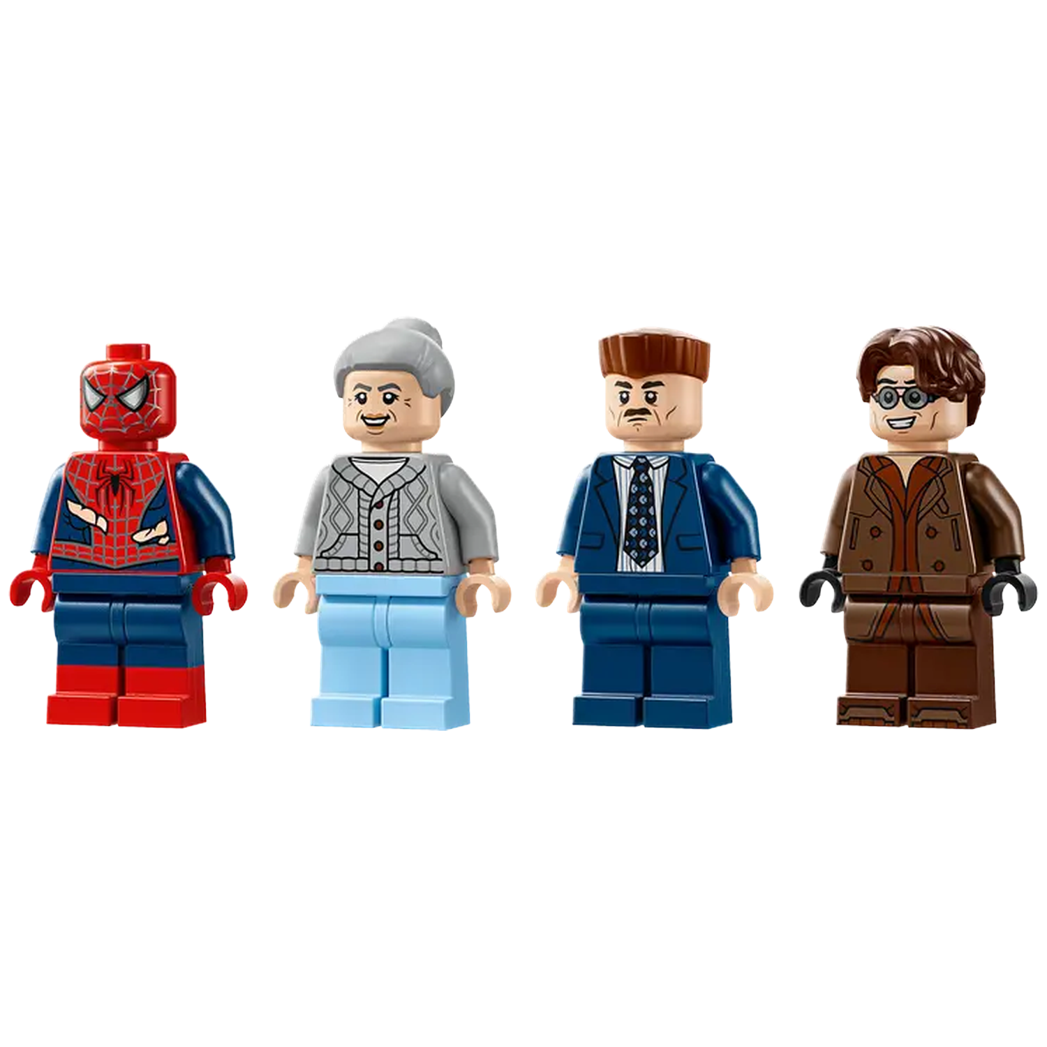 Four Lego figures: Spider-Man, an elderly woman, a man in a suit, and a man in a brown coat. All are smiling.