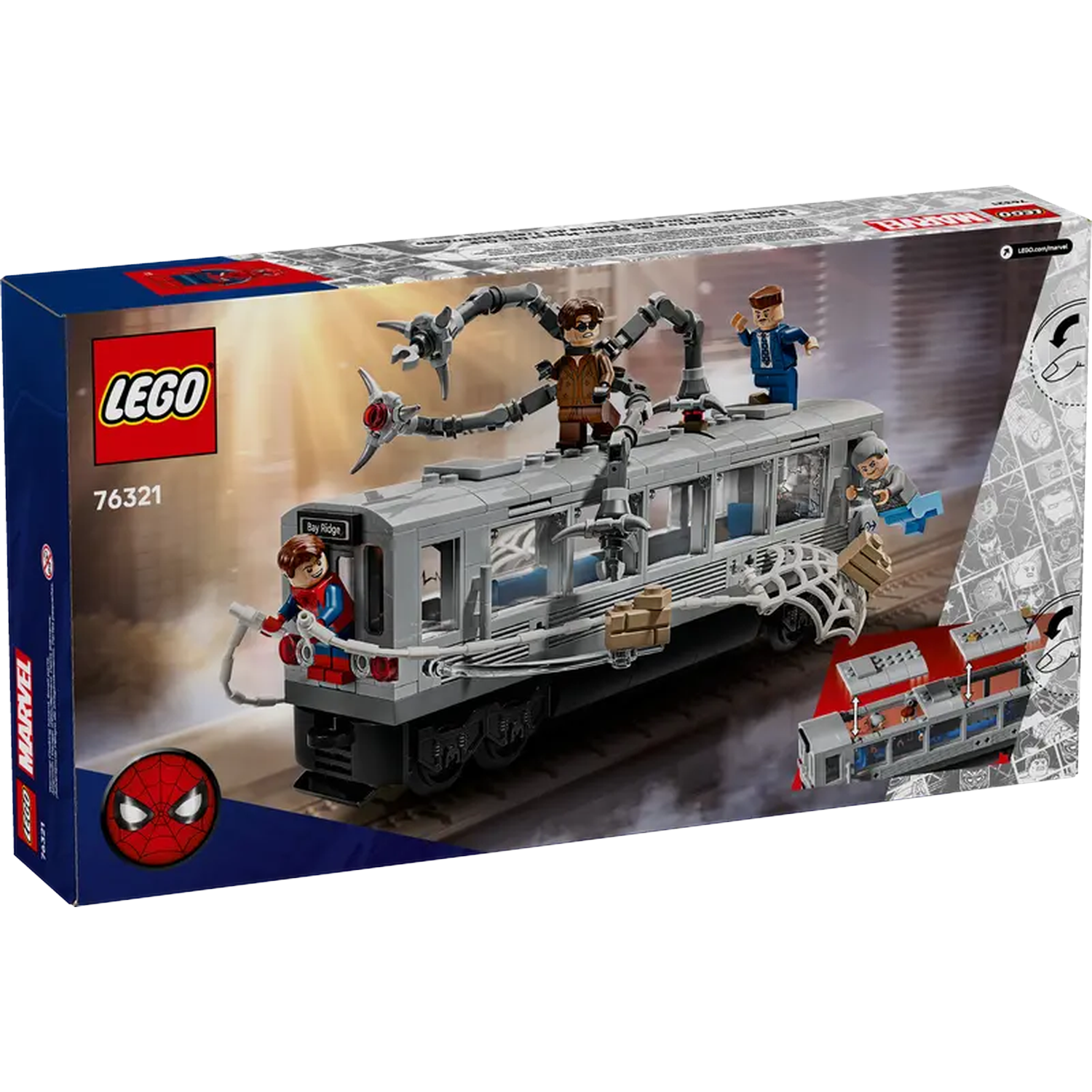 Lego set depicting Spider-Man characters on a gray train. Includes Doctor Octopus, Spider-Man, and other minifigures.