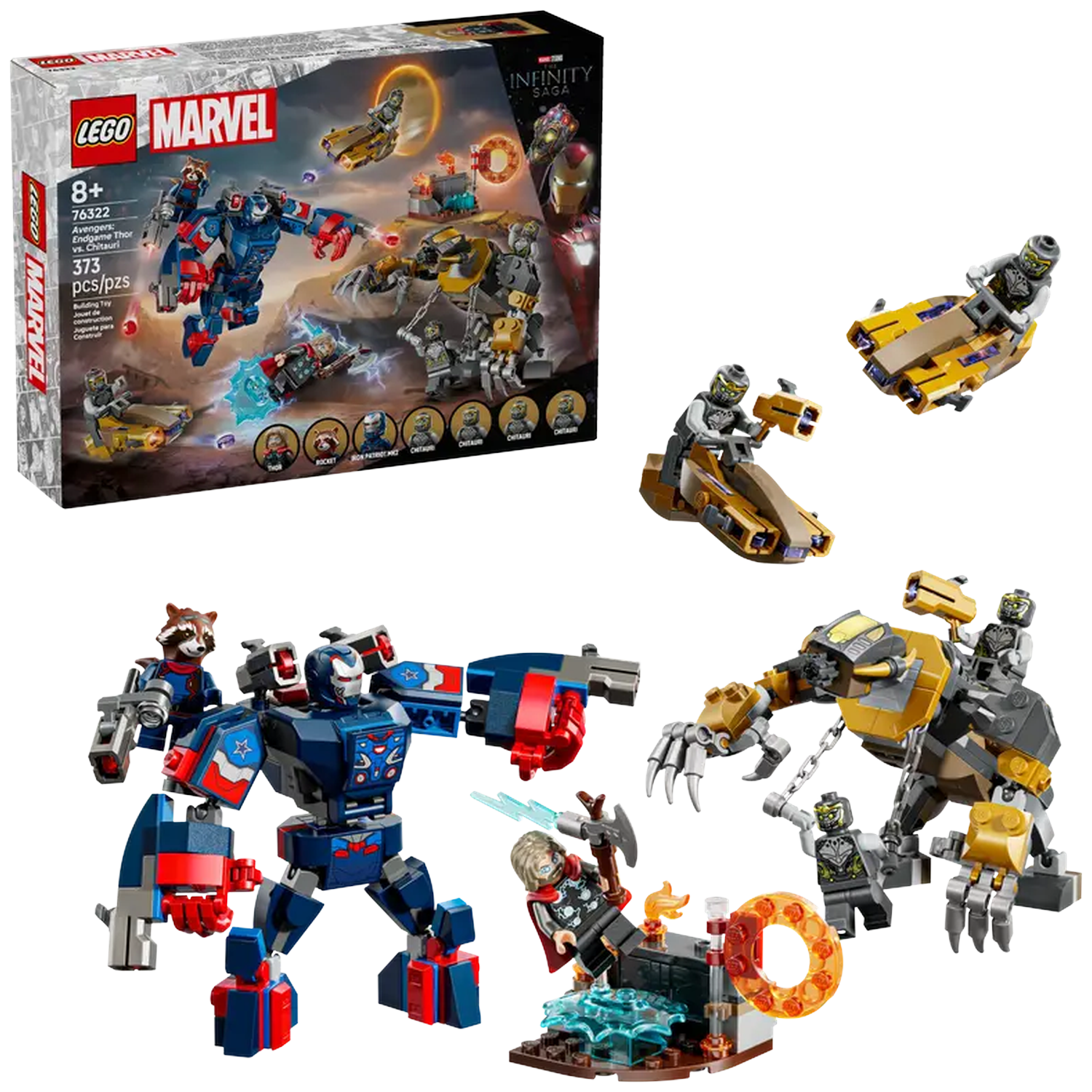 LEGO Marvel set. Bevat Iron Man, Rocket, Thor en Chitauri personages. Beschikt over een robot en een geel voertuig.