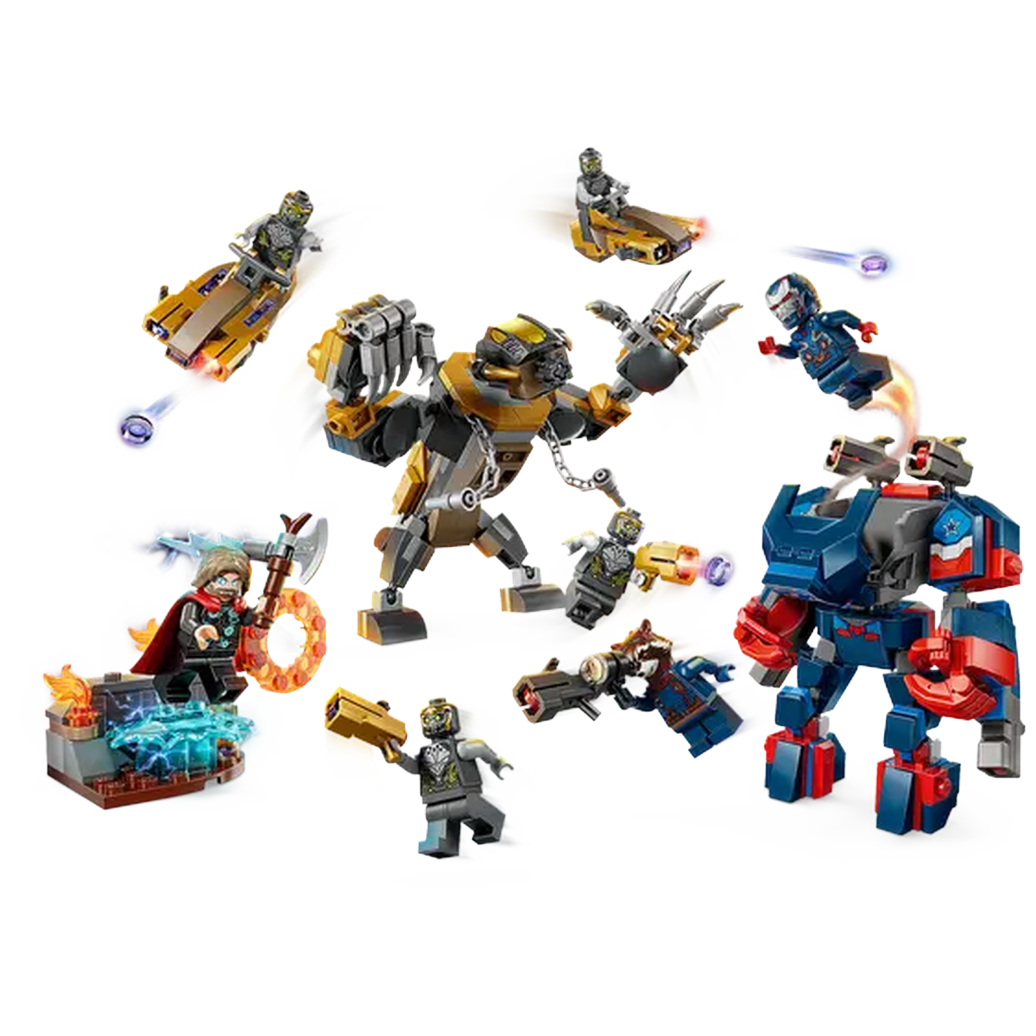 Lego-set met verschillende Marvel-personages, waaronder Thor, Iron Man en anderen, in actieposes. Er zijn ook robots en wapens.