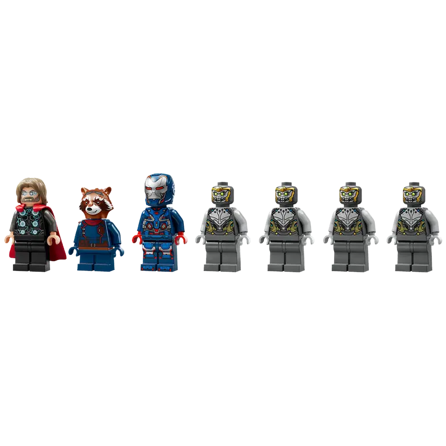 Lego-figuren van Thor, Rocket, Iron Man en vier Ultron-bots staan in een rij, elk met unieke ontwerpen en kleuren.