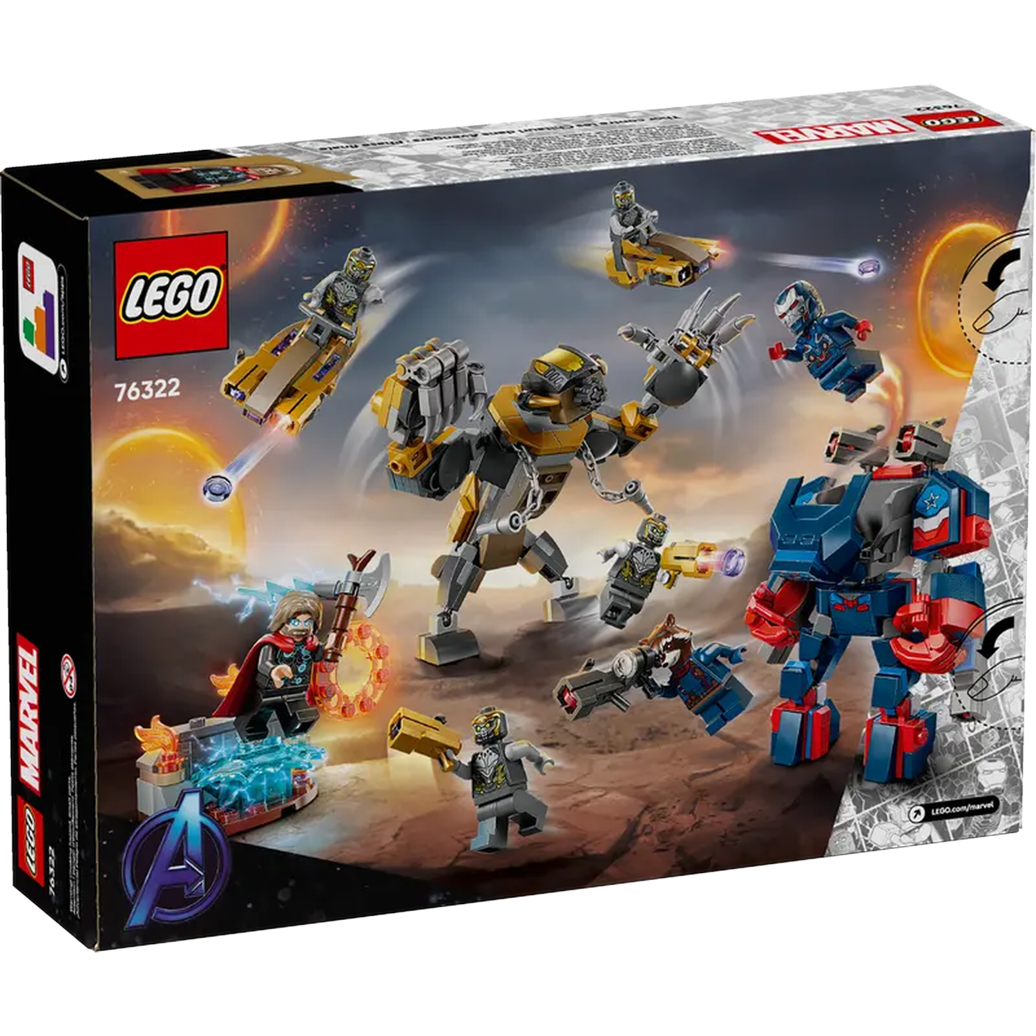 Lego-doos met verschillende Marvel-personages, waaronder Thor, Iron Man en andere figuren in actieposes met mechs en voertuigen.