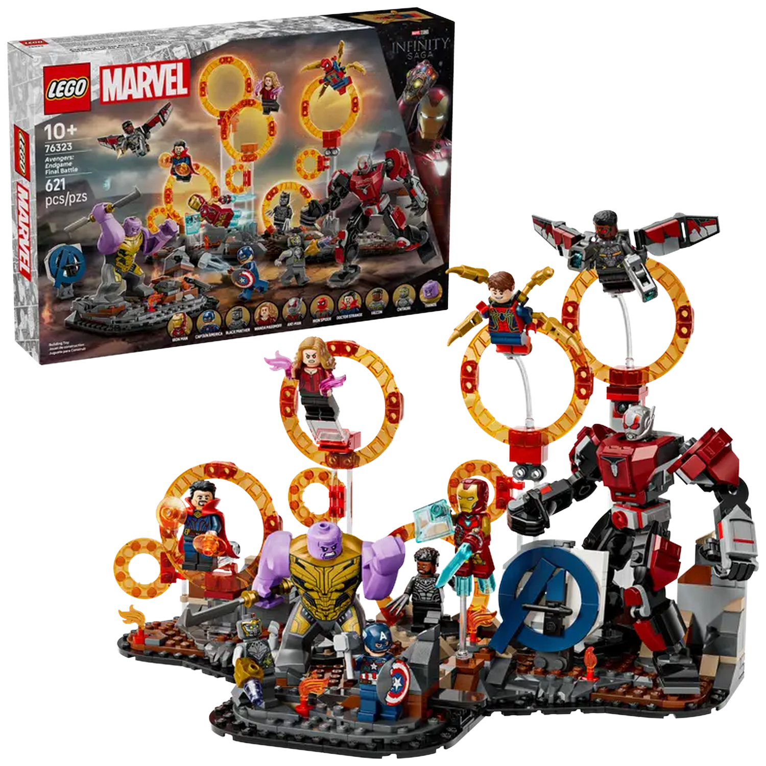 Lego set with Avengers characters, Thanos, Iron Man, Captain America, and others. The box shows the set.