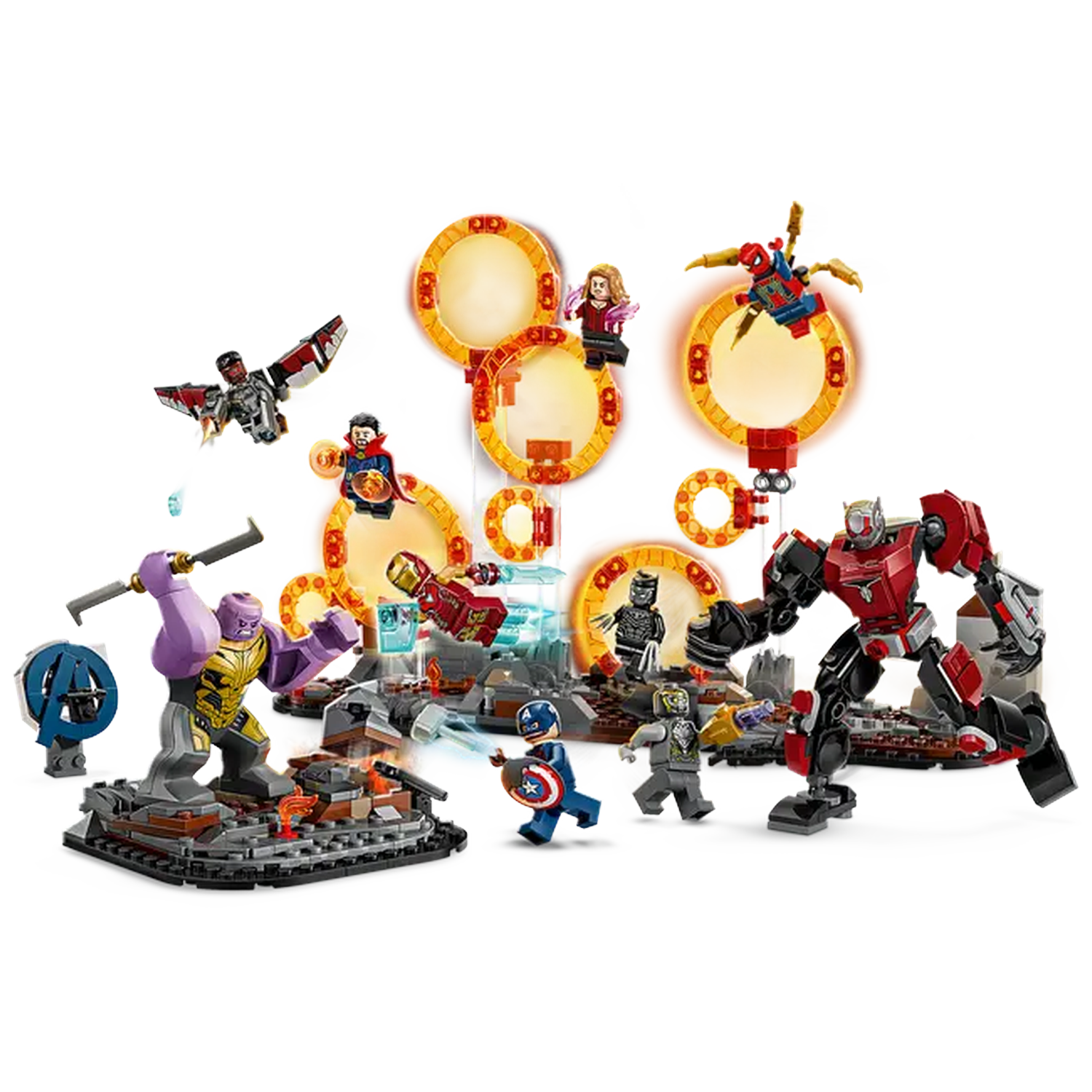 Lego set with various Avengers characters like Thanos, Captain America, and Spider-Man. Includes robots, and portal-like structures.