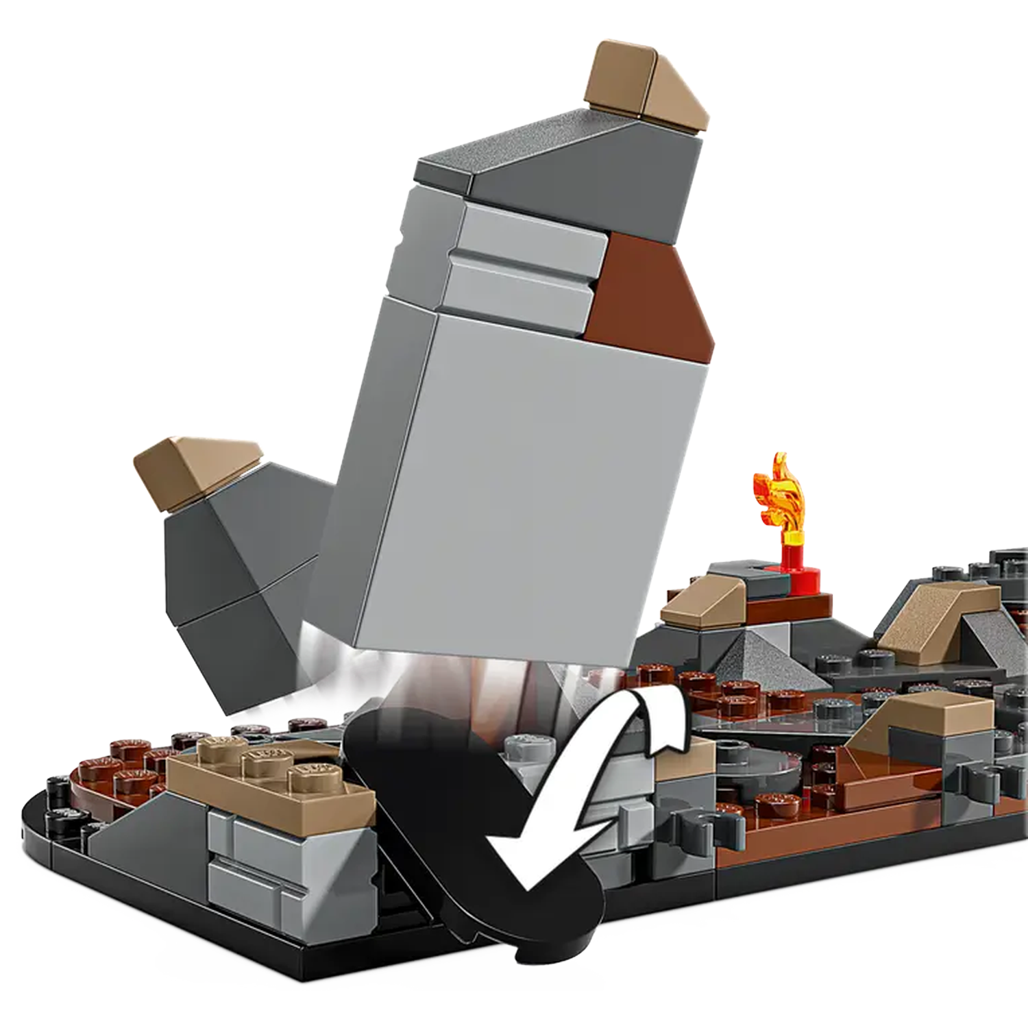 Lego set depicting a gray structure breaking apart with a white arrow. Includes brown, gray, and tan blocks and an orange flame.