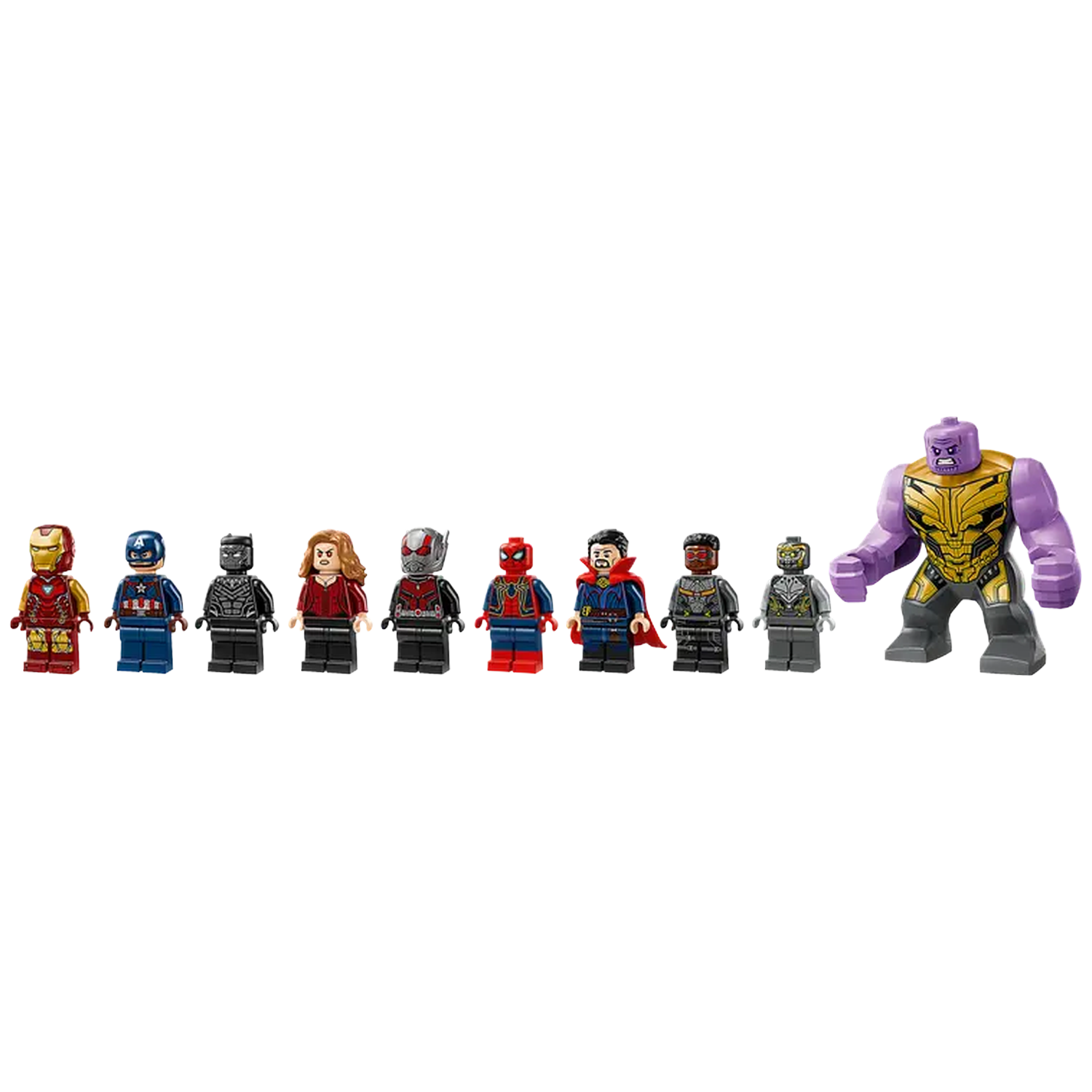 Lego figurines of Avengers characters, including Iron Man, Captain America, Spider-Man, and Thanos. They are lined up on a white background.