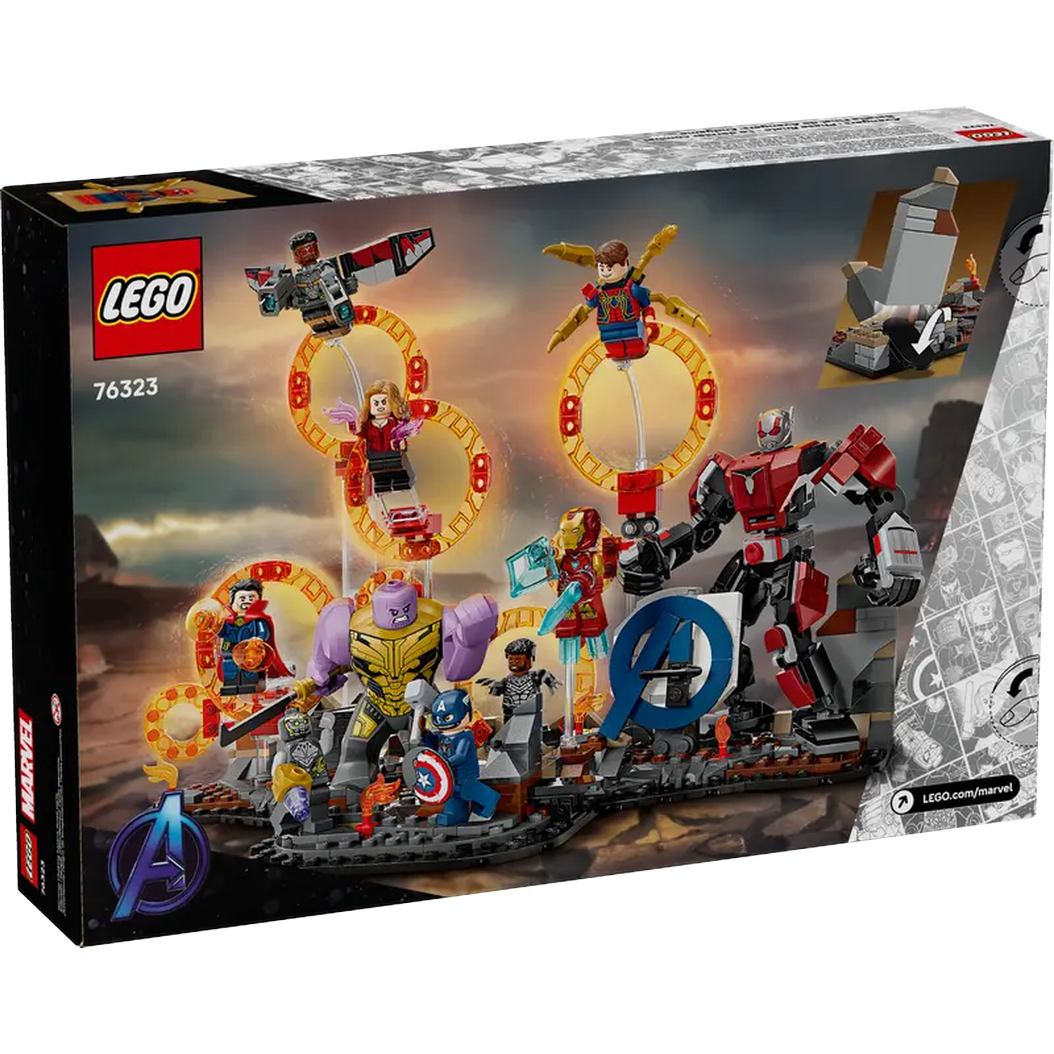 Lego box featuring Avengers characters. Includes Thanos, Captain America, Iron Man, and other superheroes. Colorful and dynamic scene.