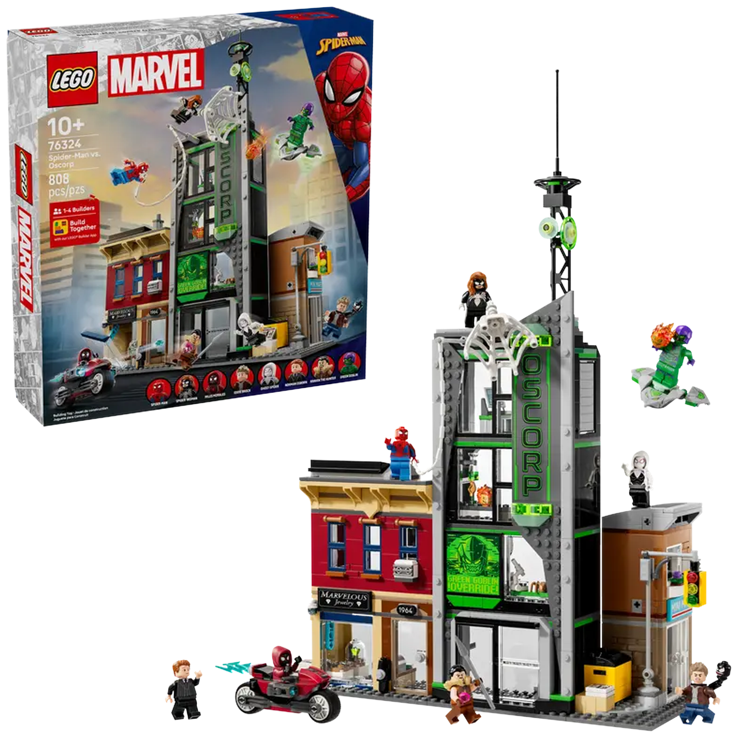 Lego Marvel set featuring Spider-Man vs. Oscorp. Includes buildings, minifigures, and a box with Spider-Man and Green Goblin.