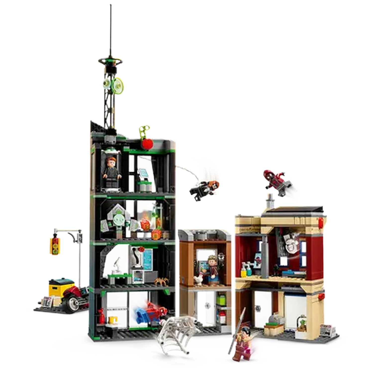 Lego set depicting a city scene with buildings, Spider-Man figures, a web, and a traffic light. Characters are in action.