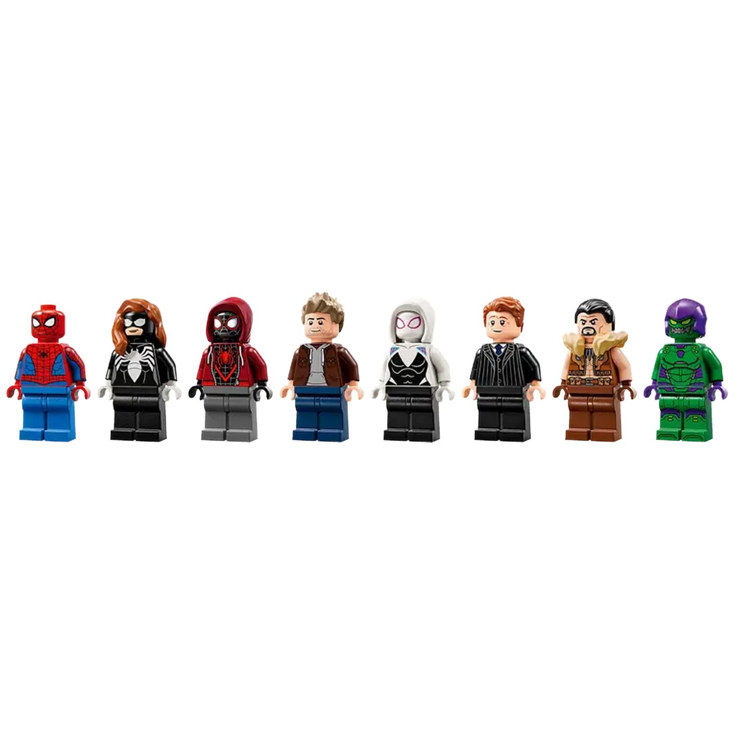 Seven Lego figures of Spider-Man characters. Spider-Man, Spider-Woman, and others are in the image, all in a row.