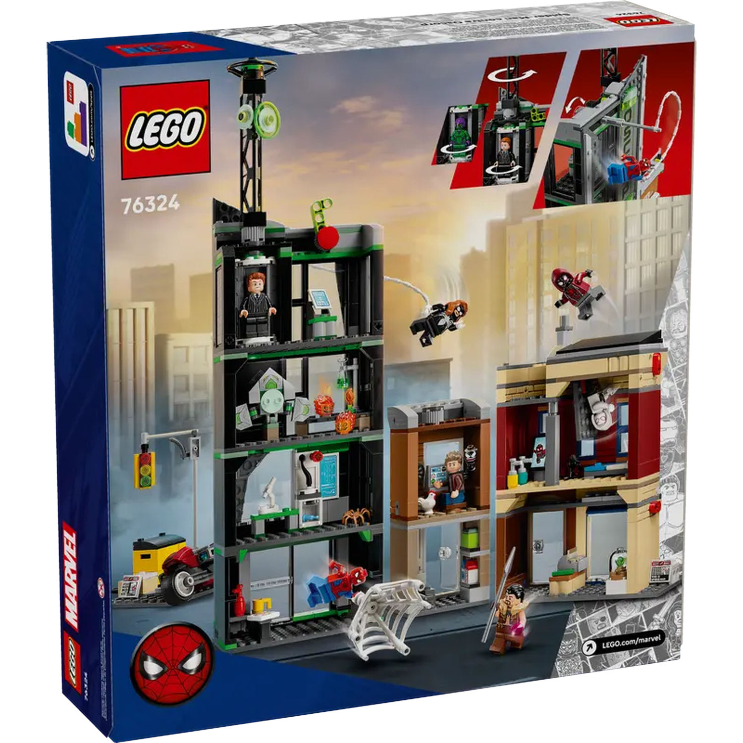 Lego Marvel set box. It features Spider-Man, buildings, characters, and a motorcycle. The background shows city buildings.