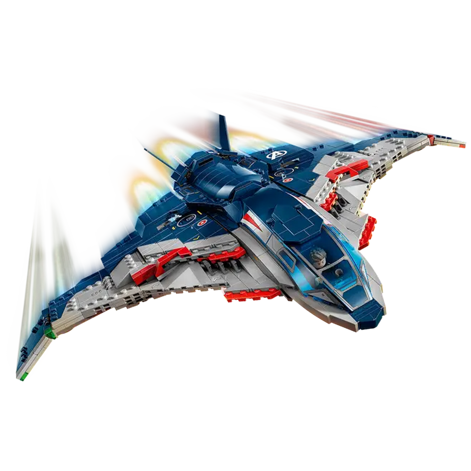 Een Lego ruimteschip in vlucht, blauw en grijs met rode accenten. Bewegingsonscherpte suggereert snelheid. Witte achtergrond.