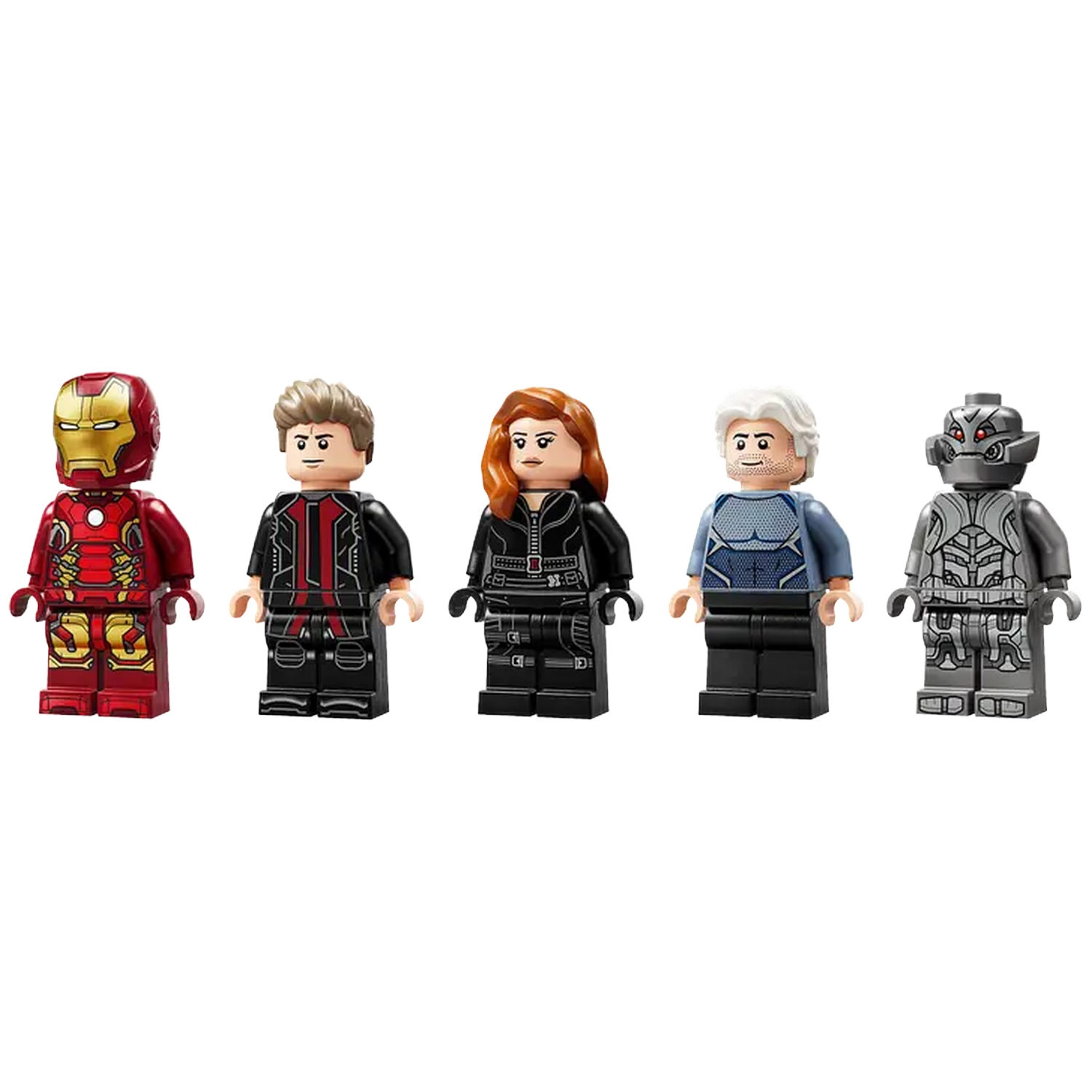 Vijf Lego-beeldjes: Iron Man, Quicksilver, Black Widow en Ultron. Elk heeft een kenmerkend kostuum, staand tegen een witte achtergrond.