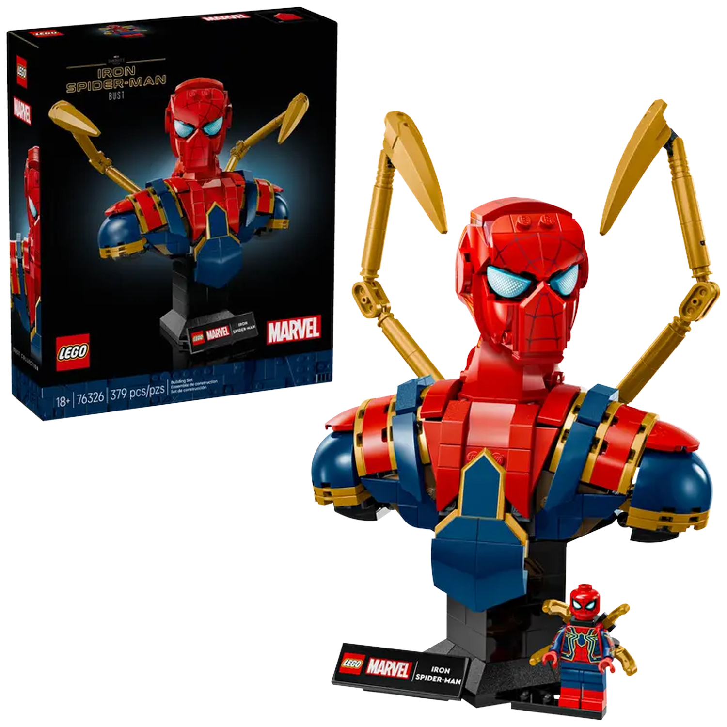Lego Iron Spider-Man bust and box. The bust is red, blue and gold. A small Lego figure is at the base.