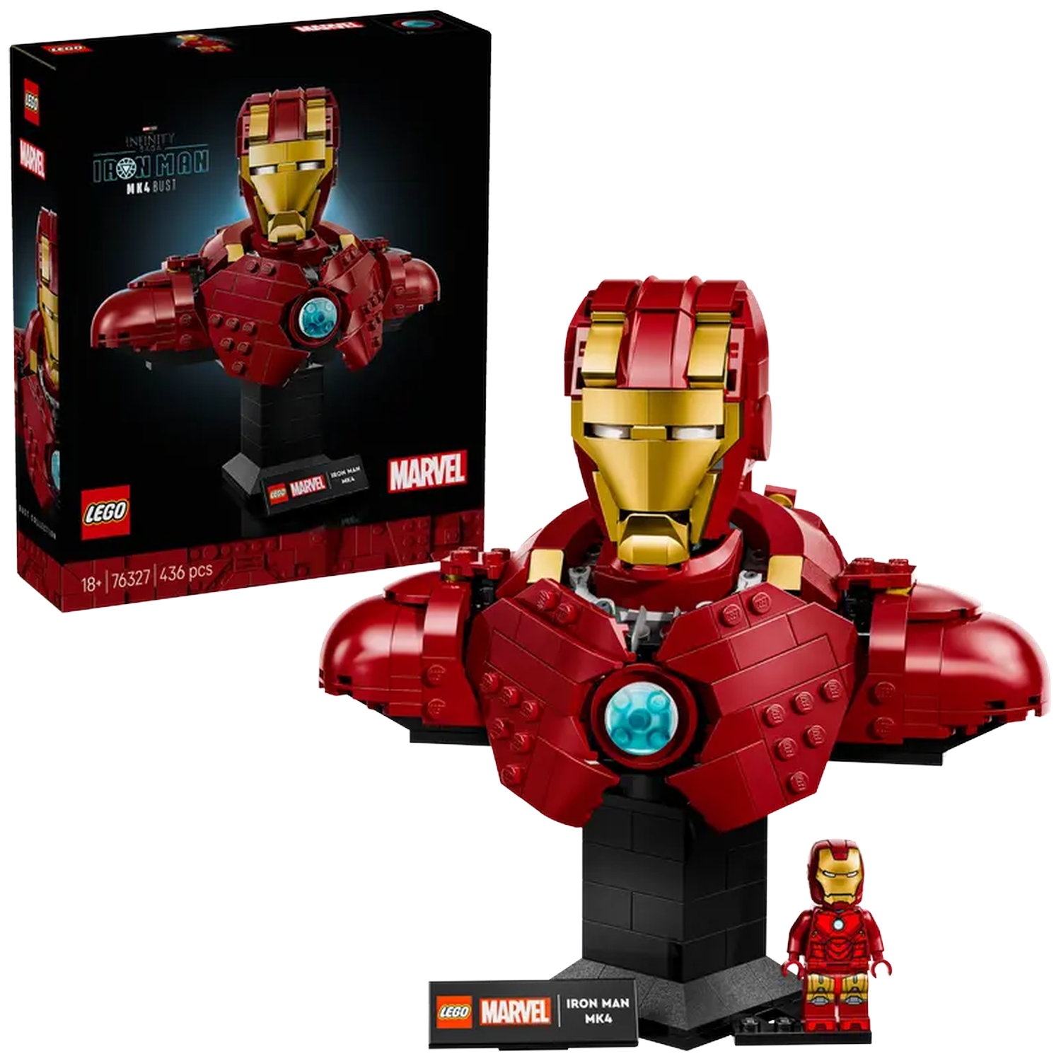A Lego Iron Man bust, red and gold, on a black stand, next to the box and a mini-figure. Box says 'Iron Man MK4 BUST'.