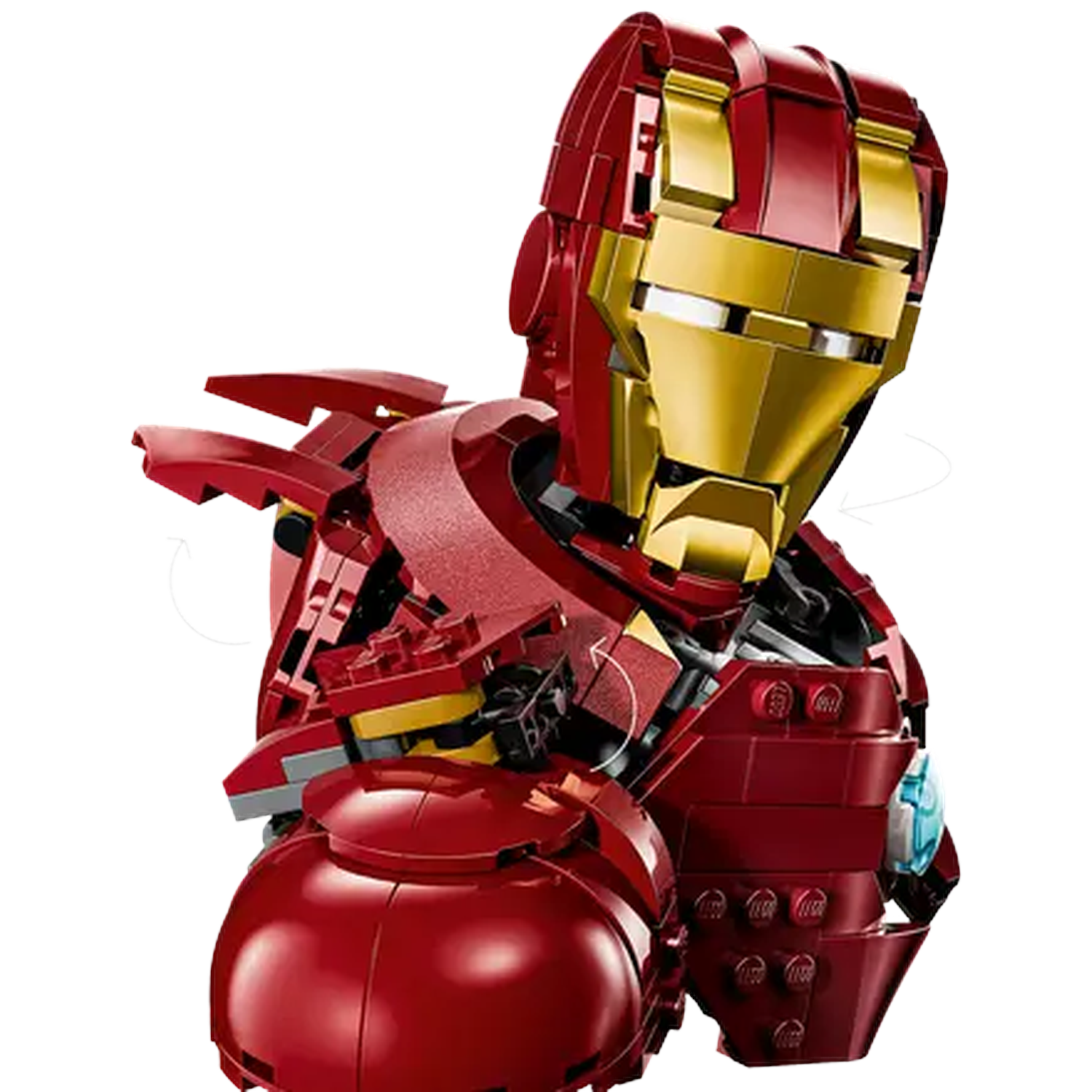 A Lego Iron Man bust, red and gold, on a white background. The head and chest are visible, with intricate brick detailing. 