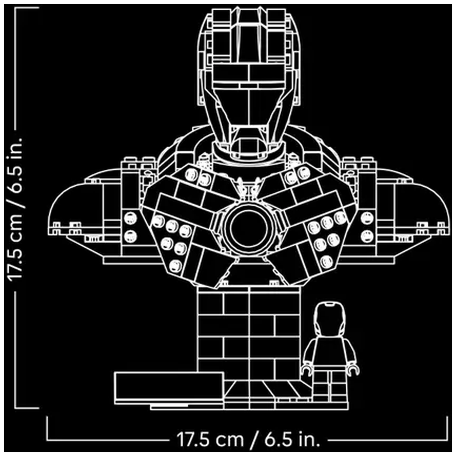 A black and white diagram of an Iron Man bust and a Lego minifigure. Dimensions are 17.5 cm / 6.5 in.