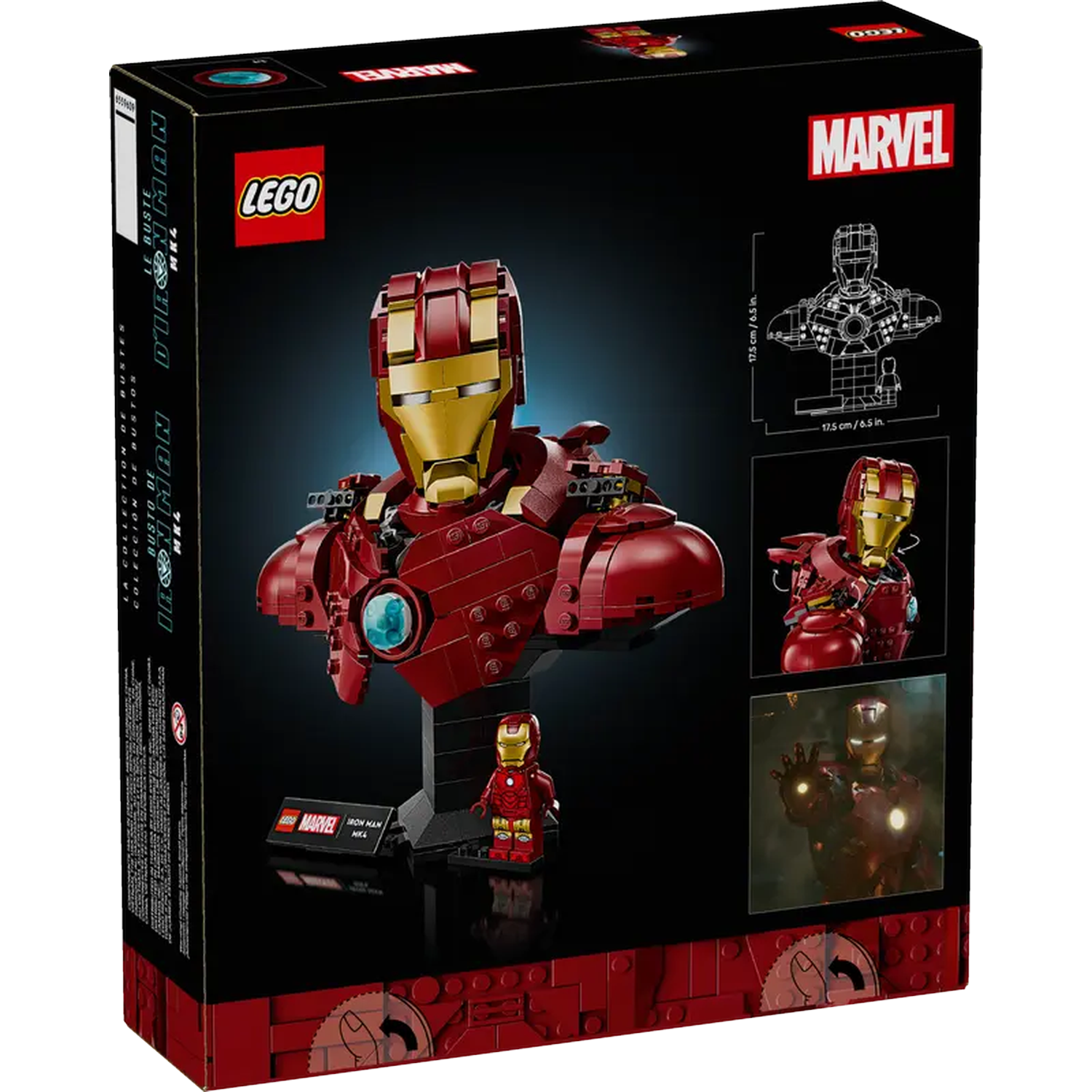 The box shows a LEGO Iron Man bust. It's red and gold, with the Marvel logo. There are smaller images of the figure.