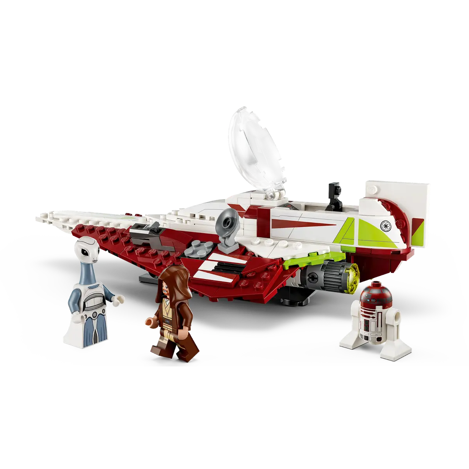 Lego Star Wars set: a red and white spaceship with three figures, including an alien, a Jedi, and an R2-D2 droid.