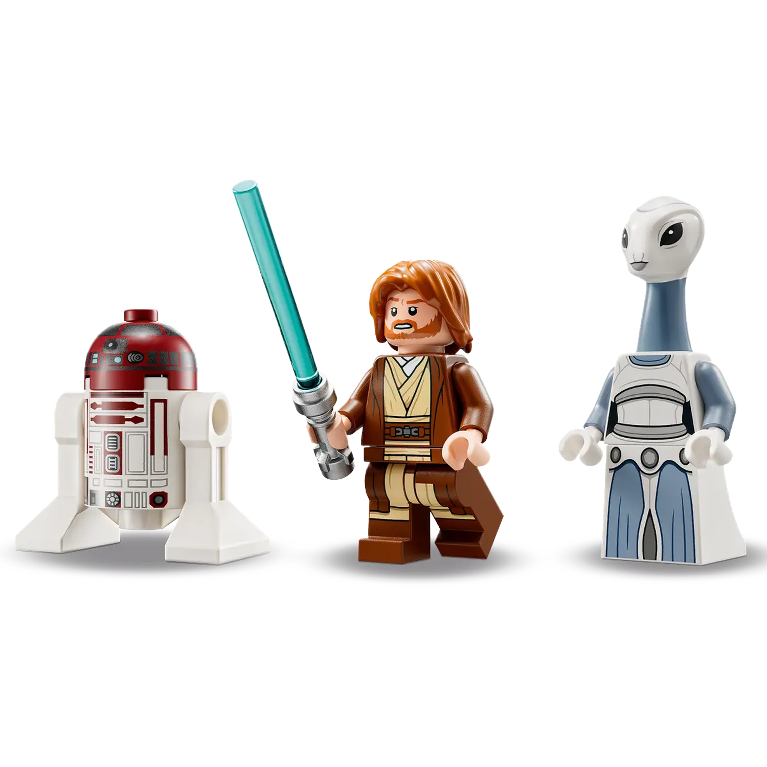Lego figures of R2-D2, Obi-Wan Kenobi with a lightsaber, and a blue-skinned alien. All stand on a white surface.