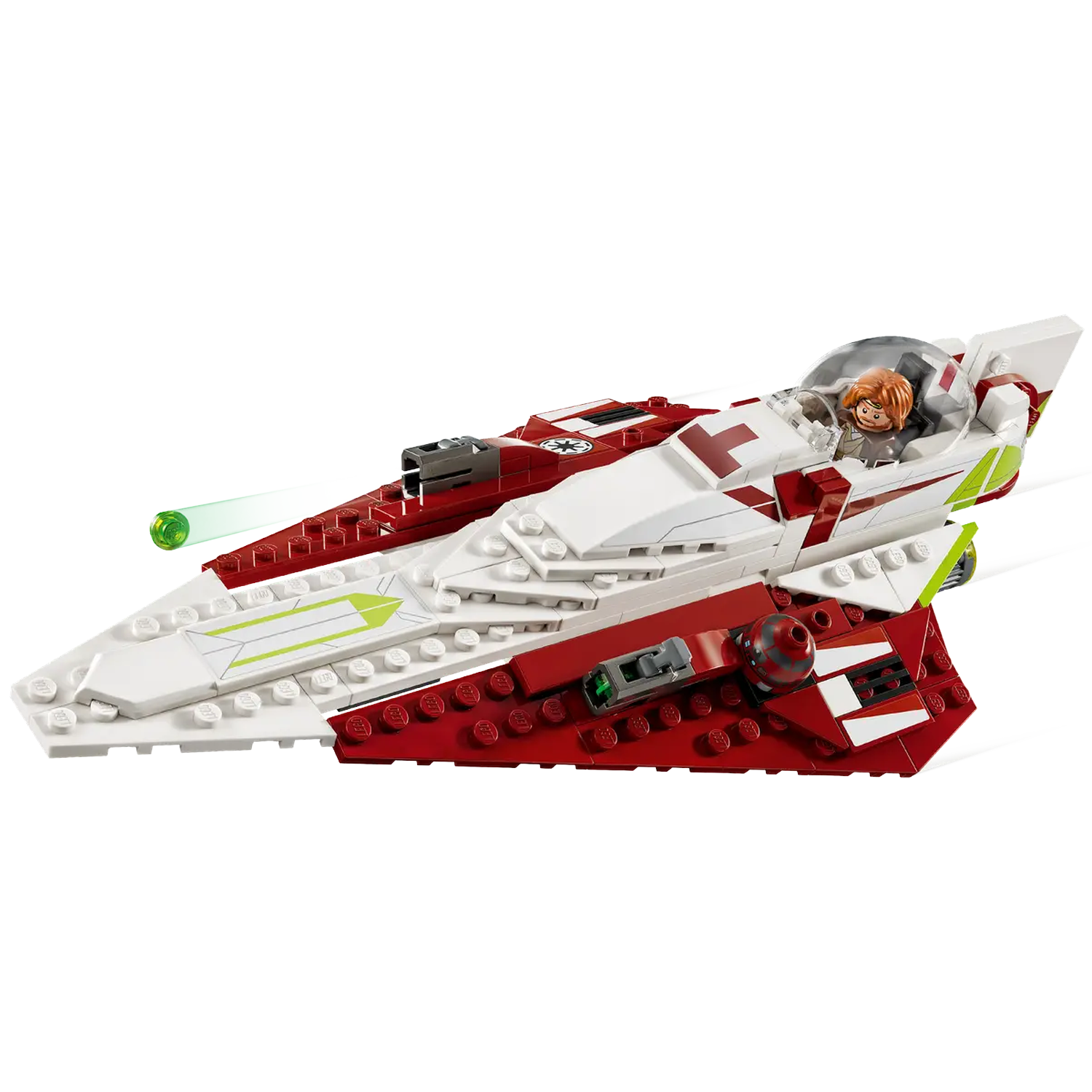 A Lego Star Wars fighter in red and white. A minifigure sits in the cockpit. A green laser is firing from the front.